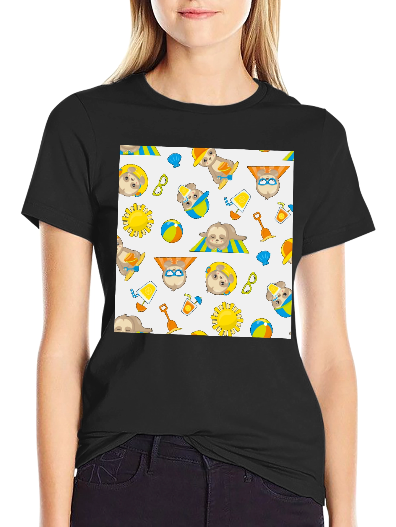 Summer Sloth Print Black T-Shirt