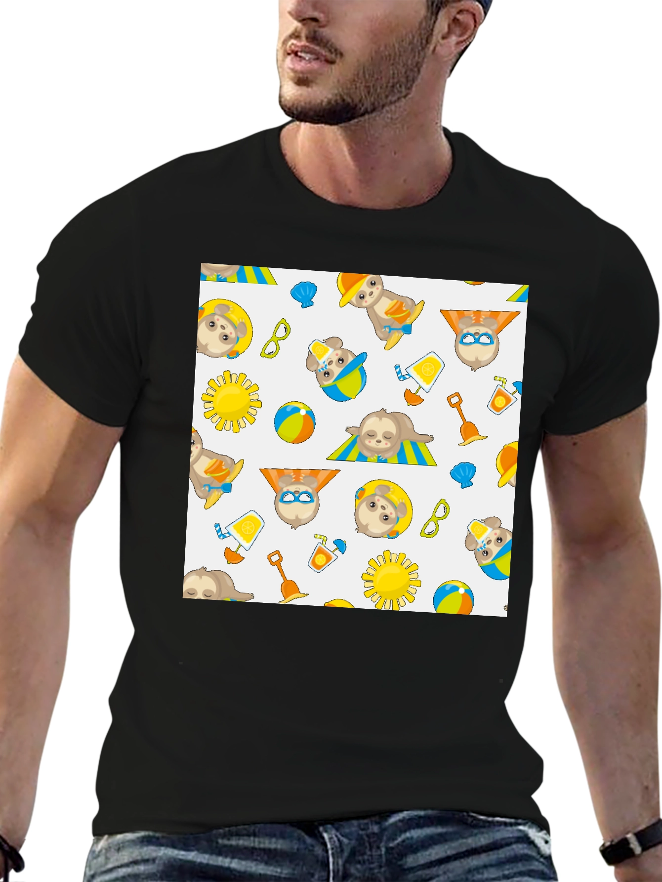 Summer Sloth Print Black T-Shirt