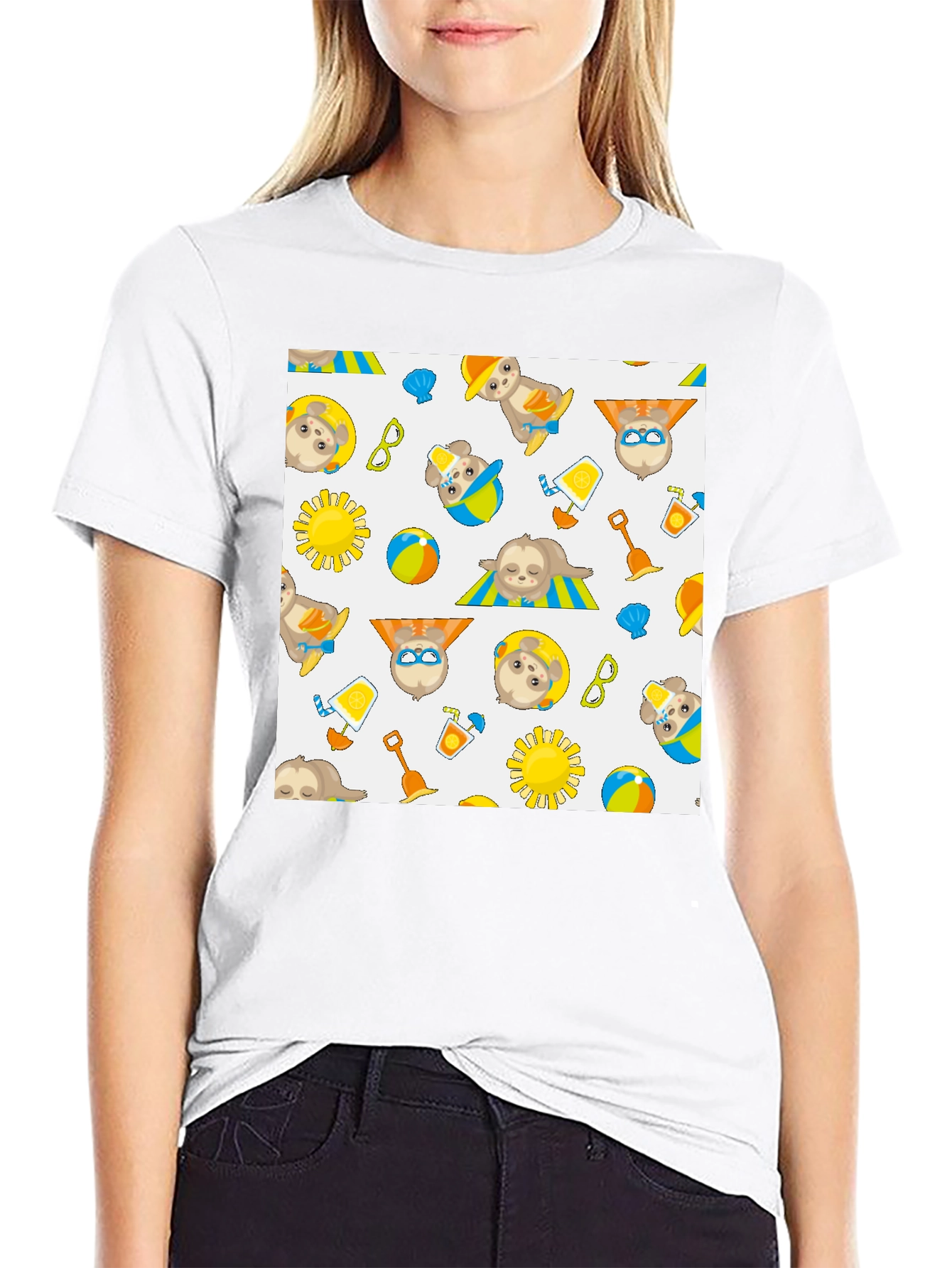 Summer Sloth Print Black T-Shirt
