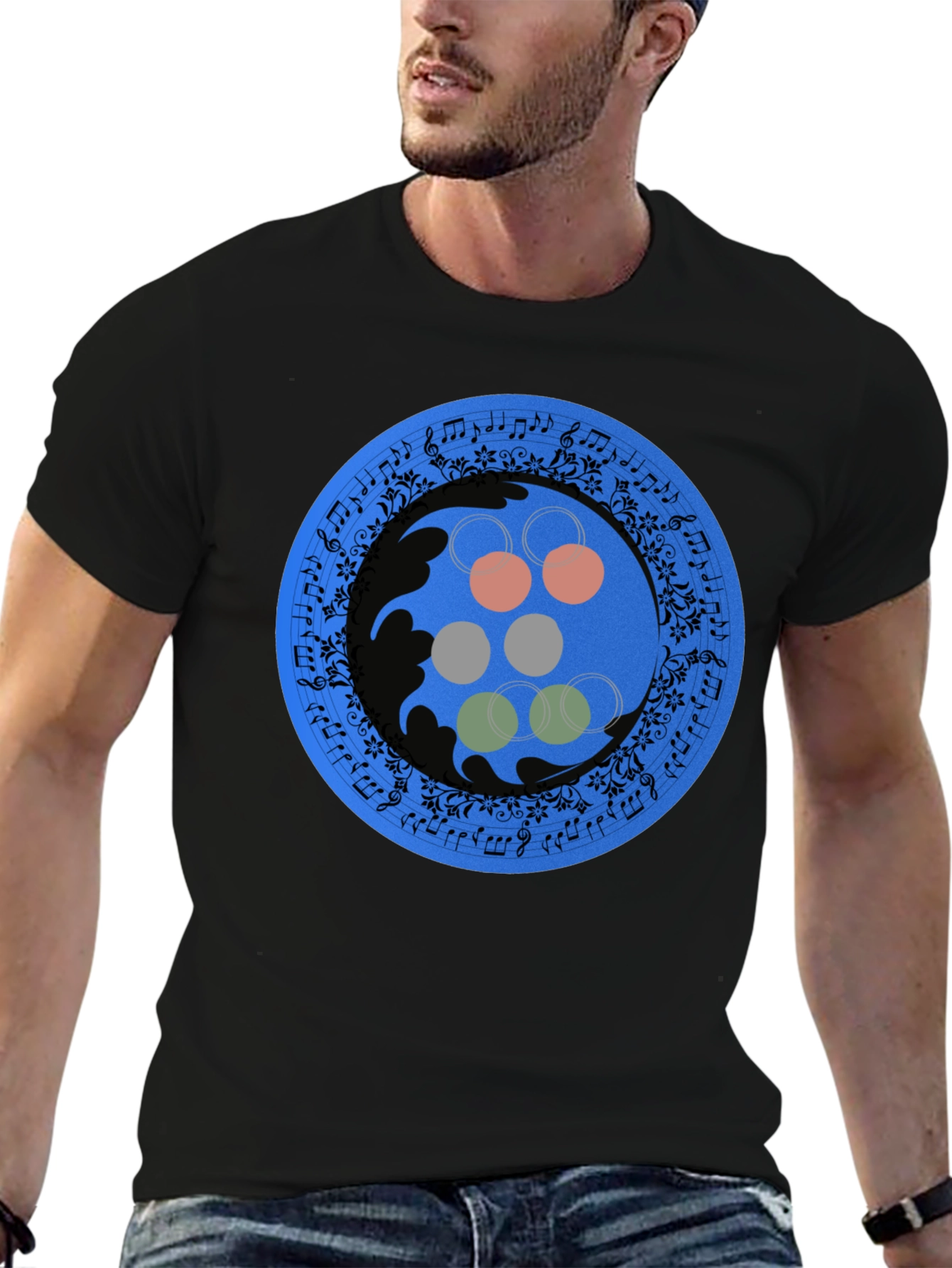 Abstract Musical Note Circle Design Black T-Shirt