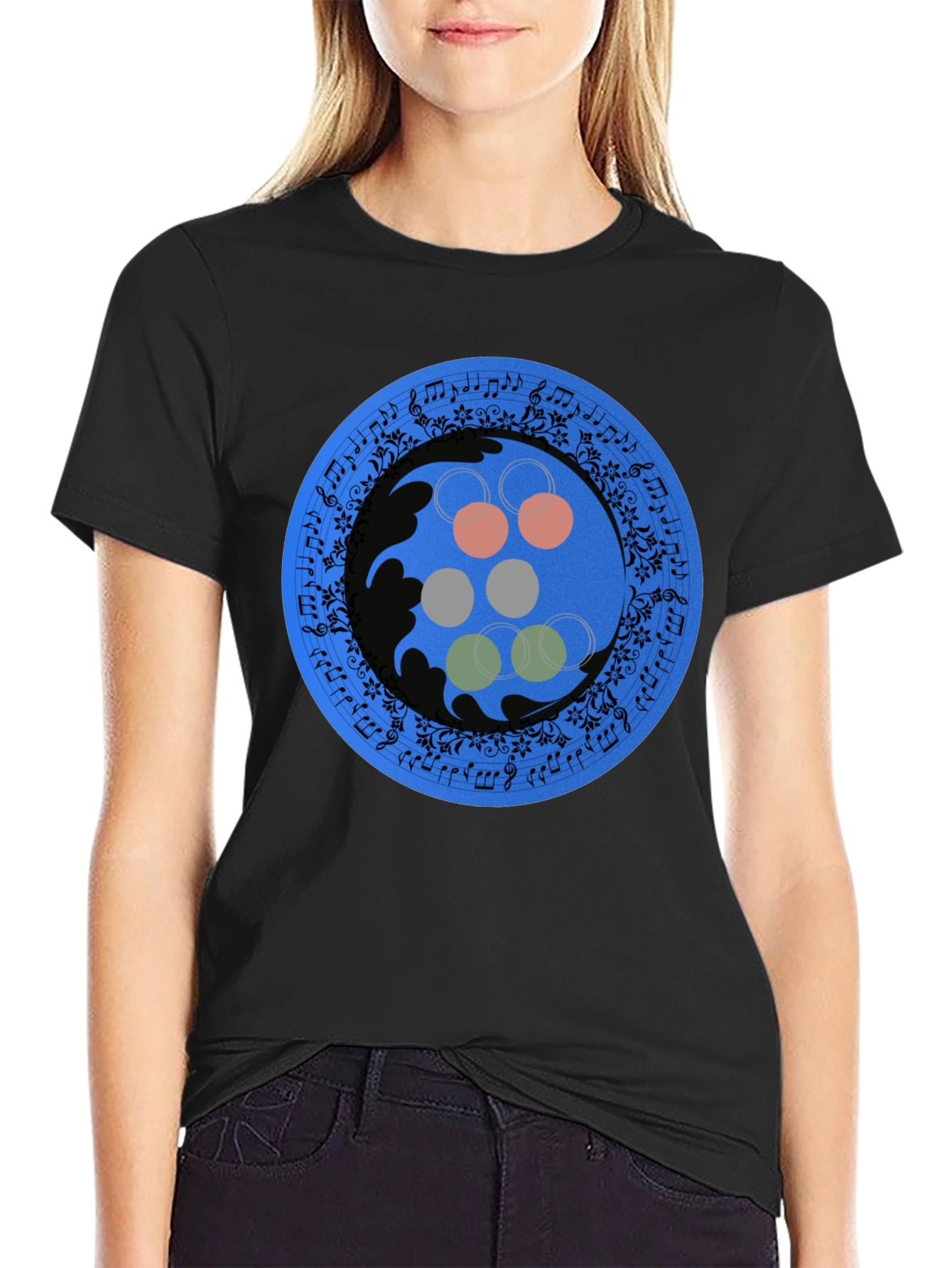 Abstract Musical Note Circle Design Black T-Shirt