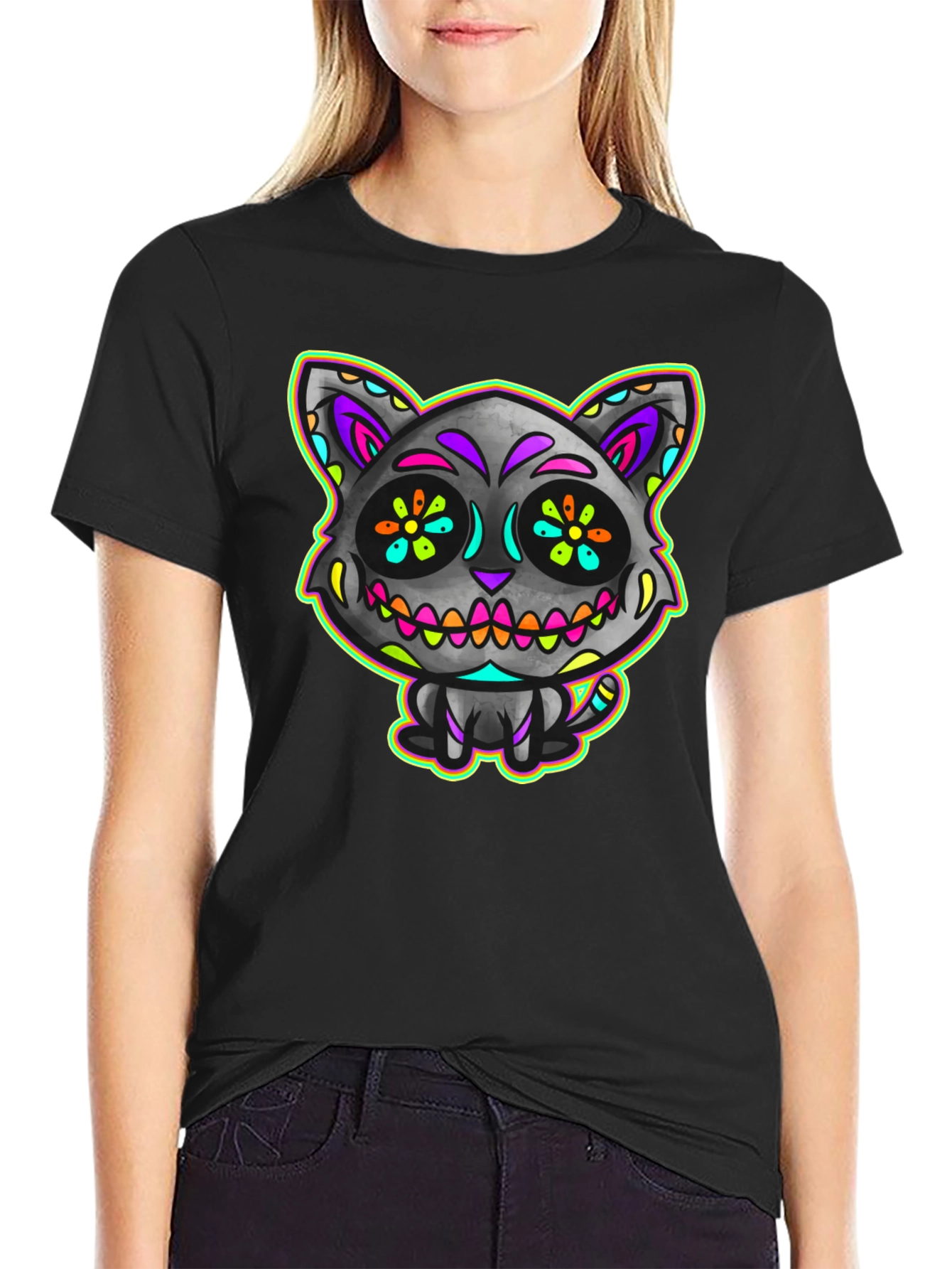 Sugar Skull Cat Mens Black T-Shirt