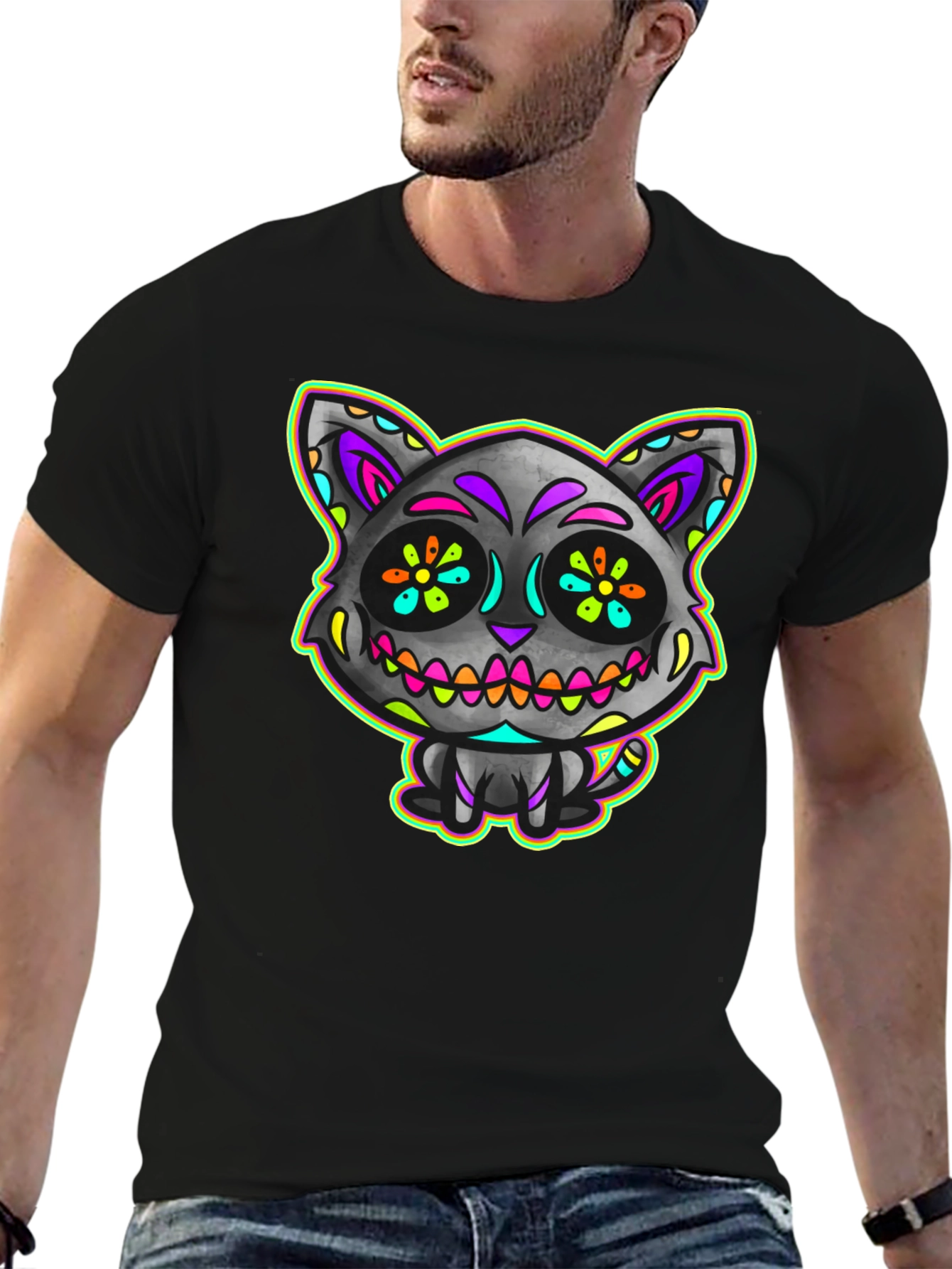 Sugar Skull Cat Mens Black T-Shirt