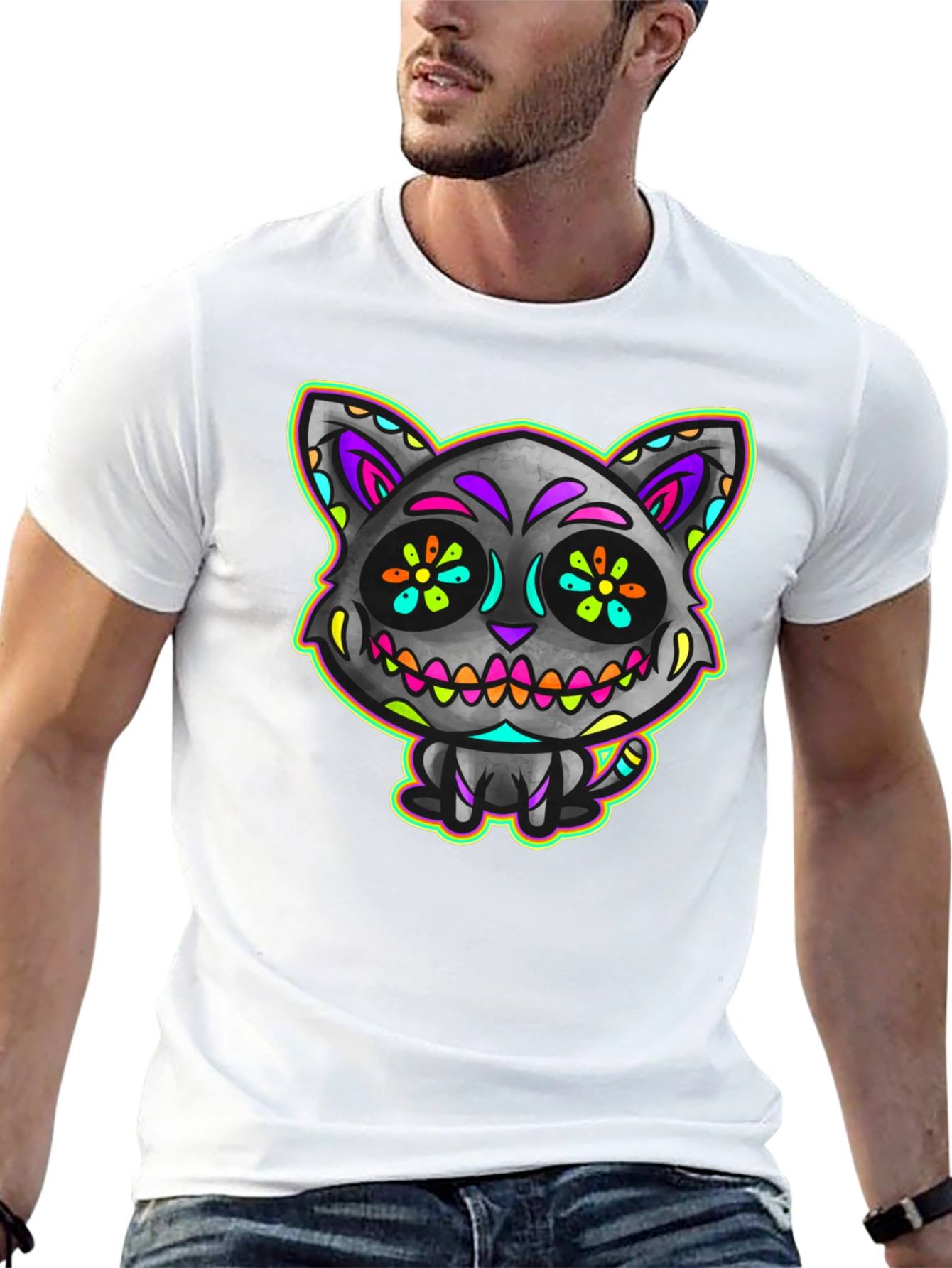 Sugar Skull Cat Mens Black T-Shirt