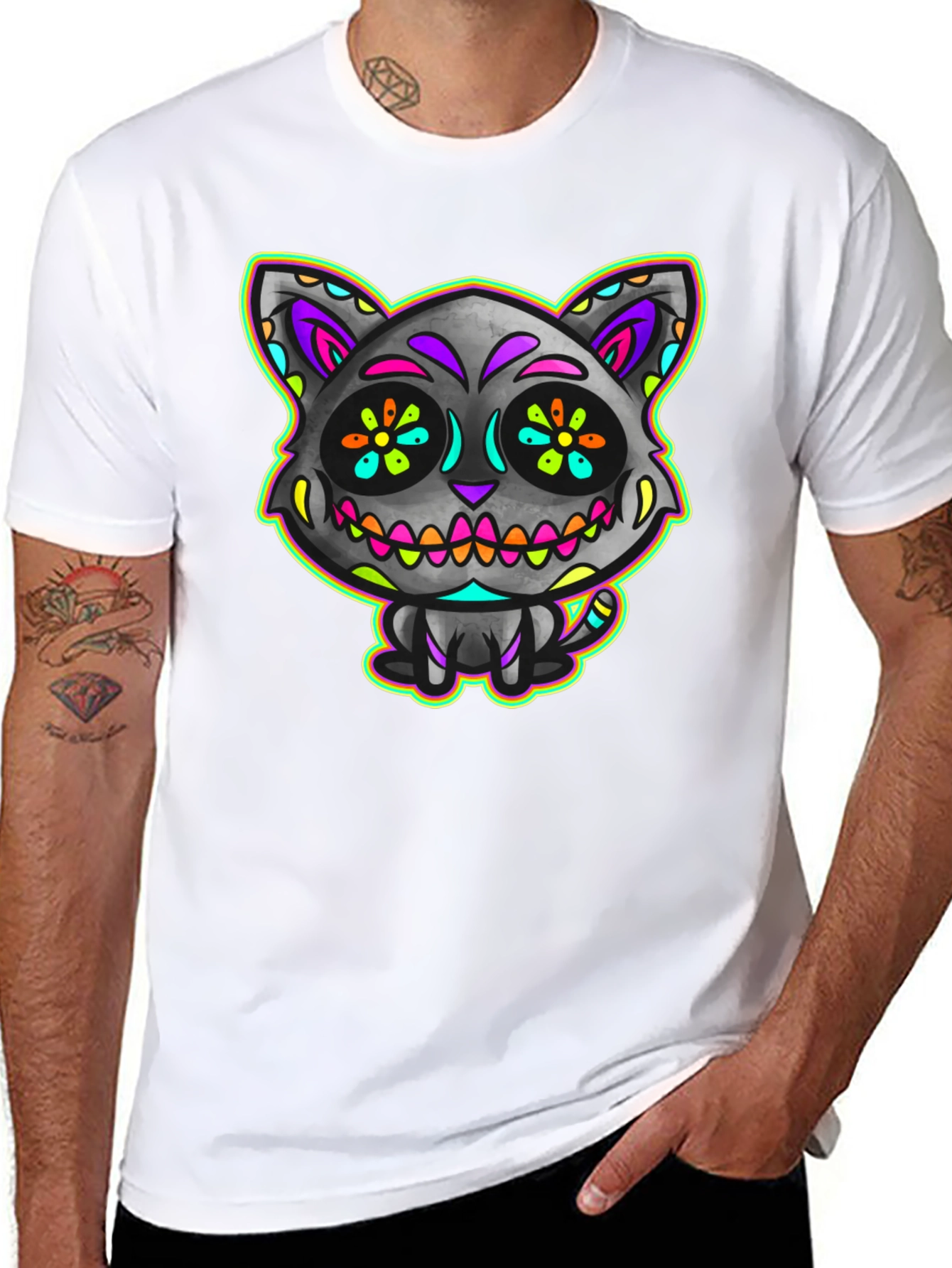 Sugar Skull Cat Mens Black T-Shirt