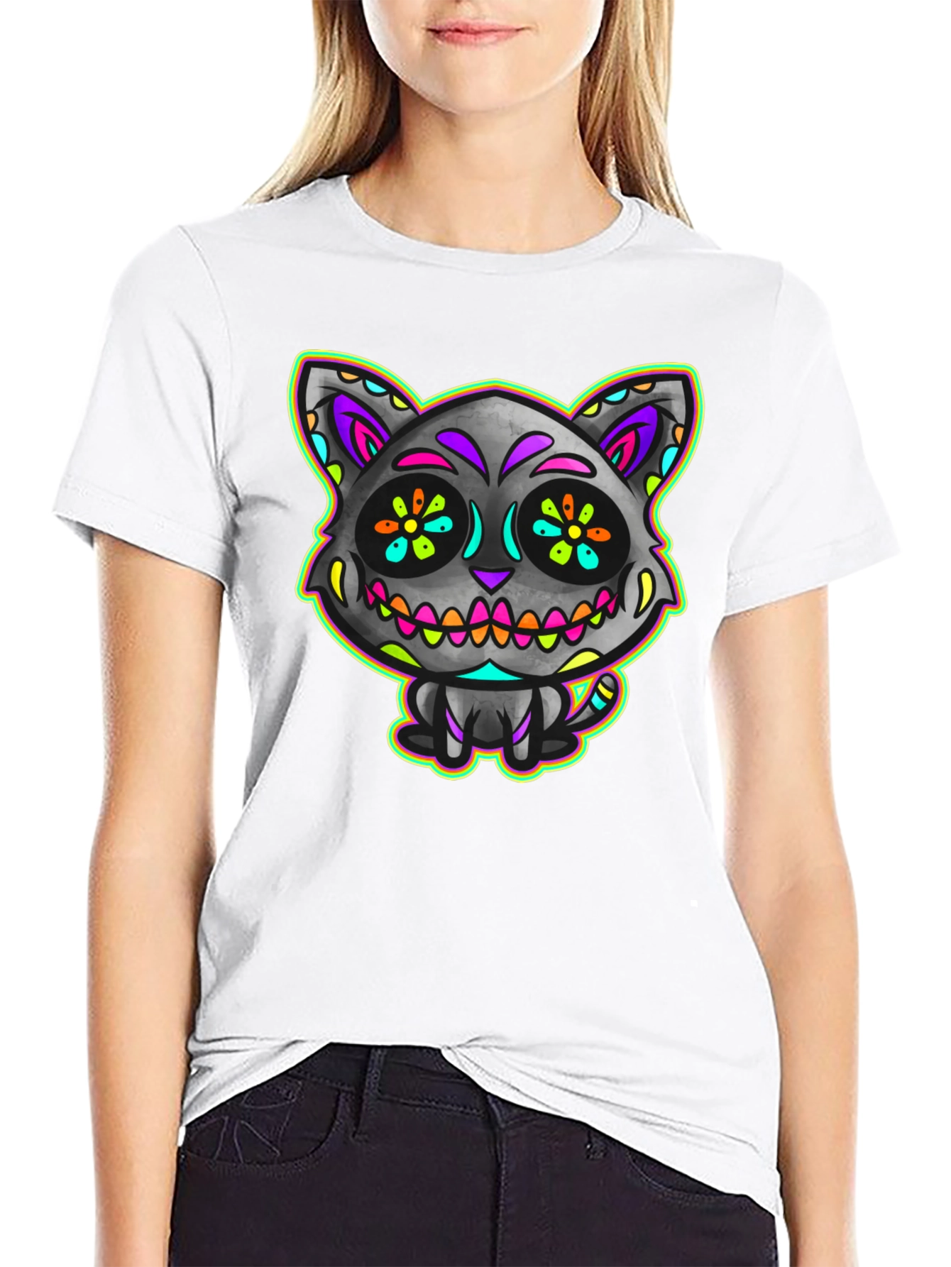 Sugar Skull Cat Mens Black T-Shirt