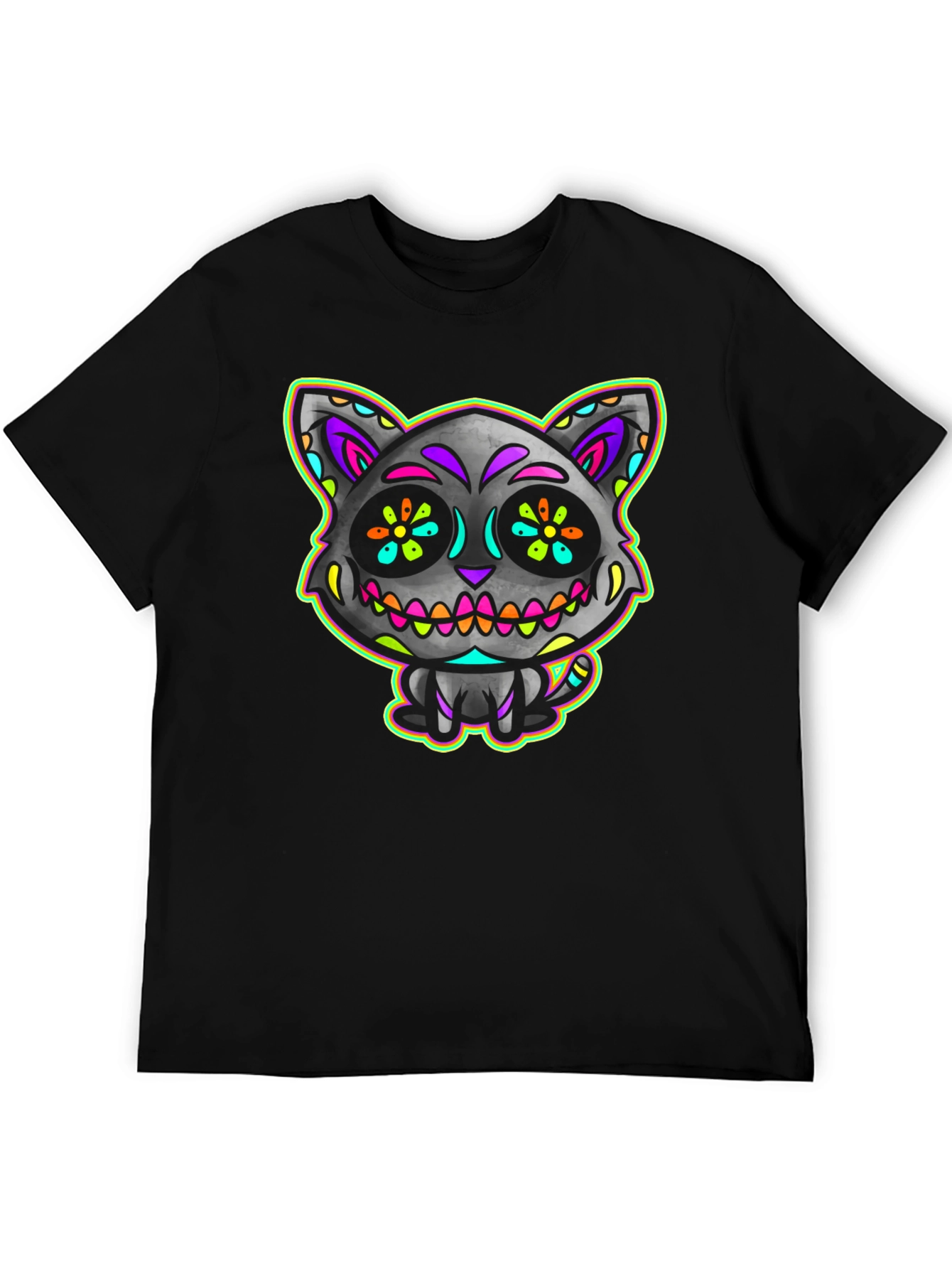 Sugar Skull Cat Mens Black T-Shirt