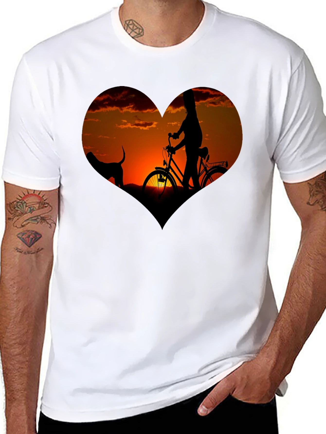 Sunset Heart Graphic T-Shirt - Biking & Dog