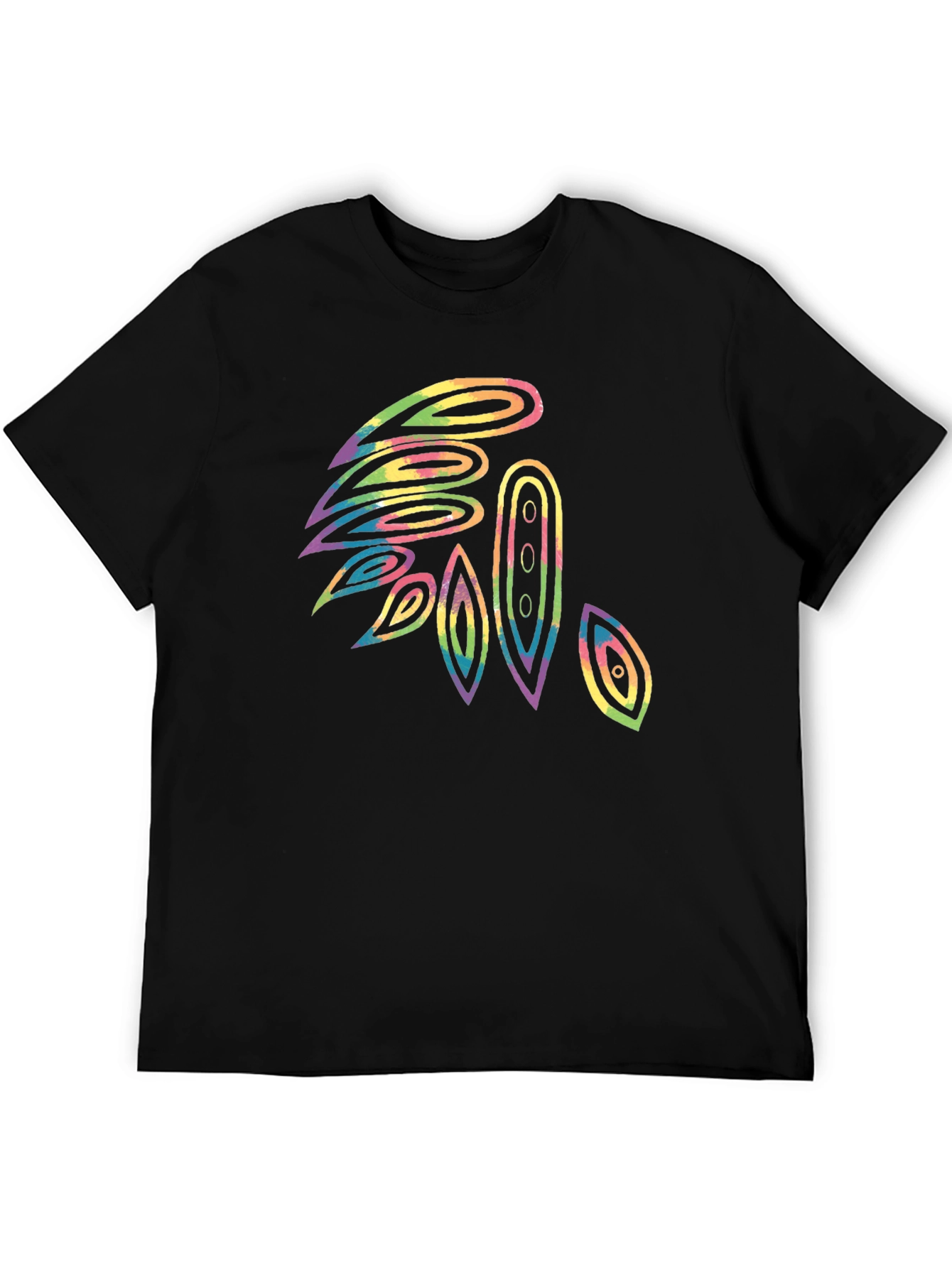 Abstract Tie-Dye Feather Graphic Black T-Shirt