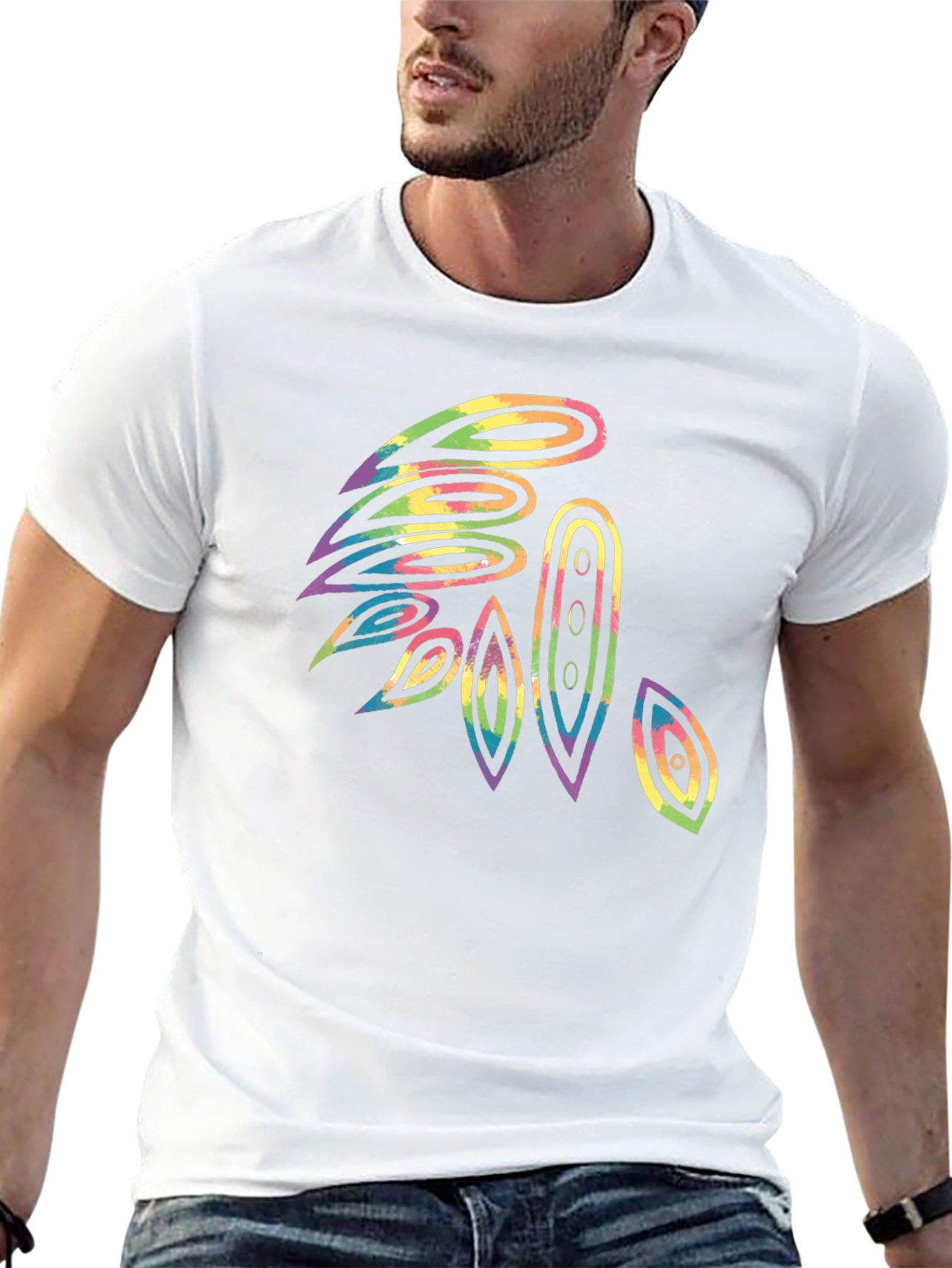 Abstract Tie-Dye Feather Graphic Black T-Shirt
