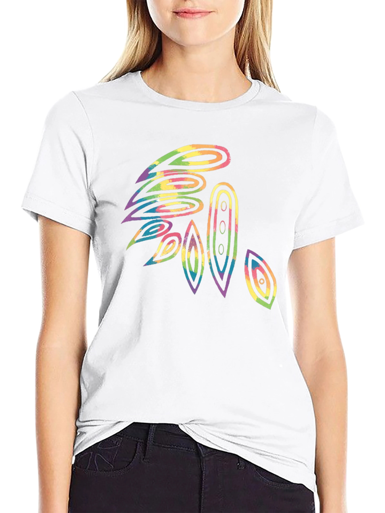 Abstract Tie-Dye Feather Graphic Black T-Shirt
