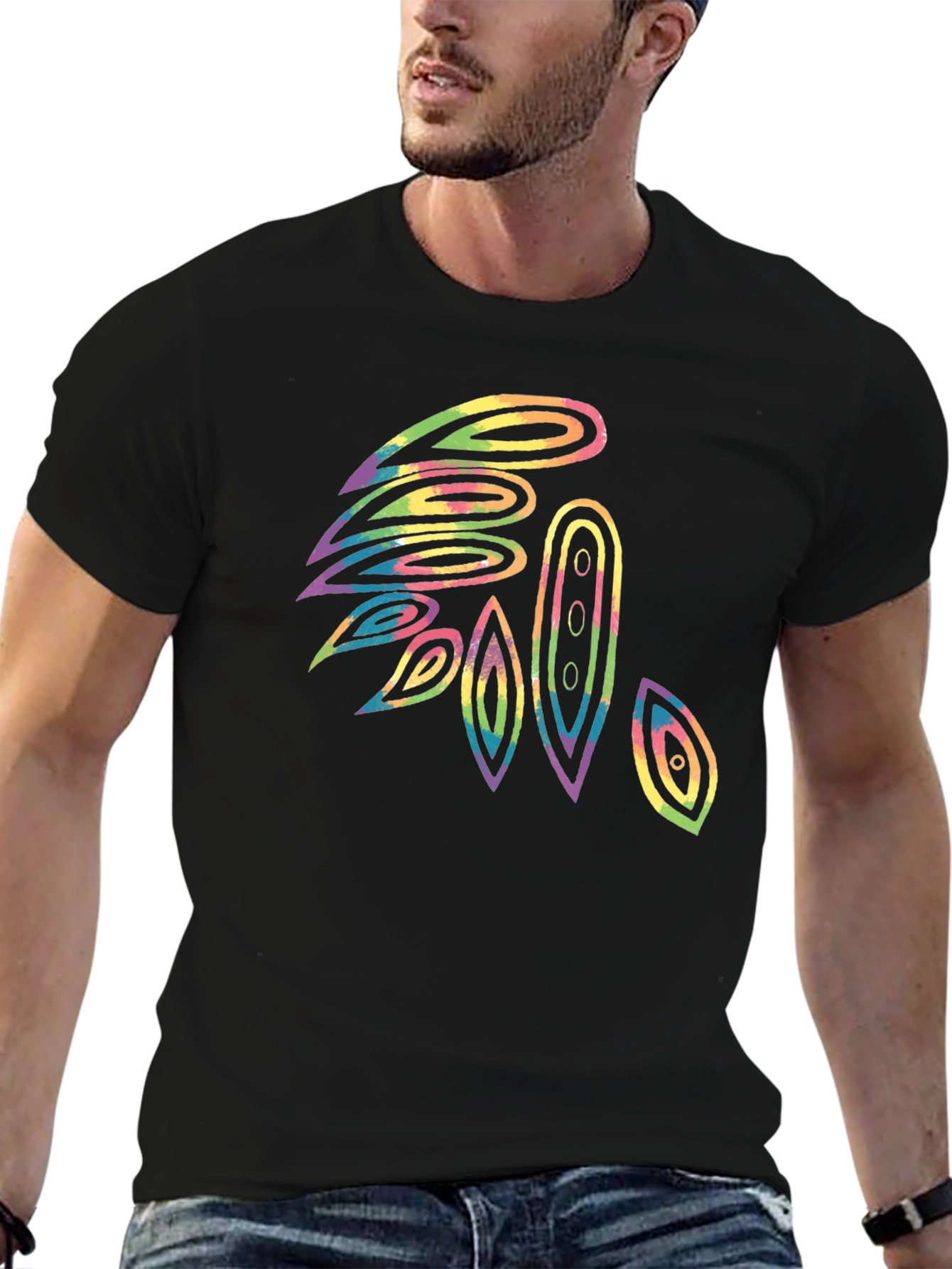 Abstract Tie-Dye Feather Graphic Black T-Shirt