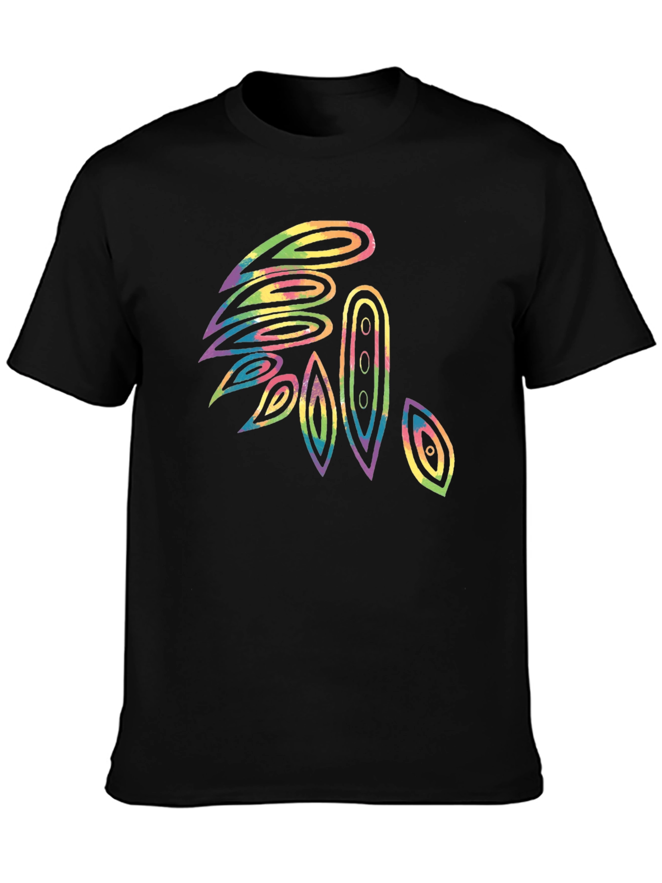 Abstract Tie-Dye Feather Graphic Black T-Shirt