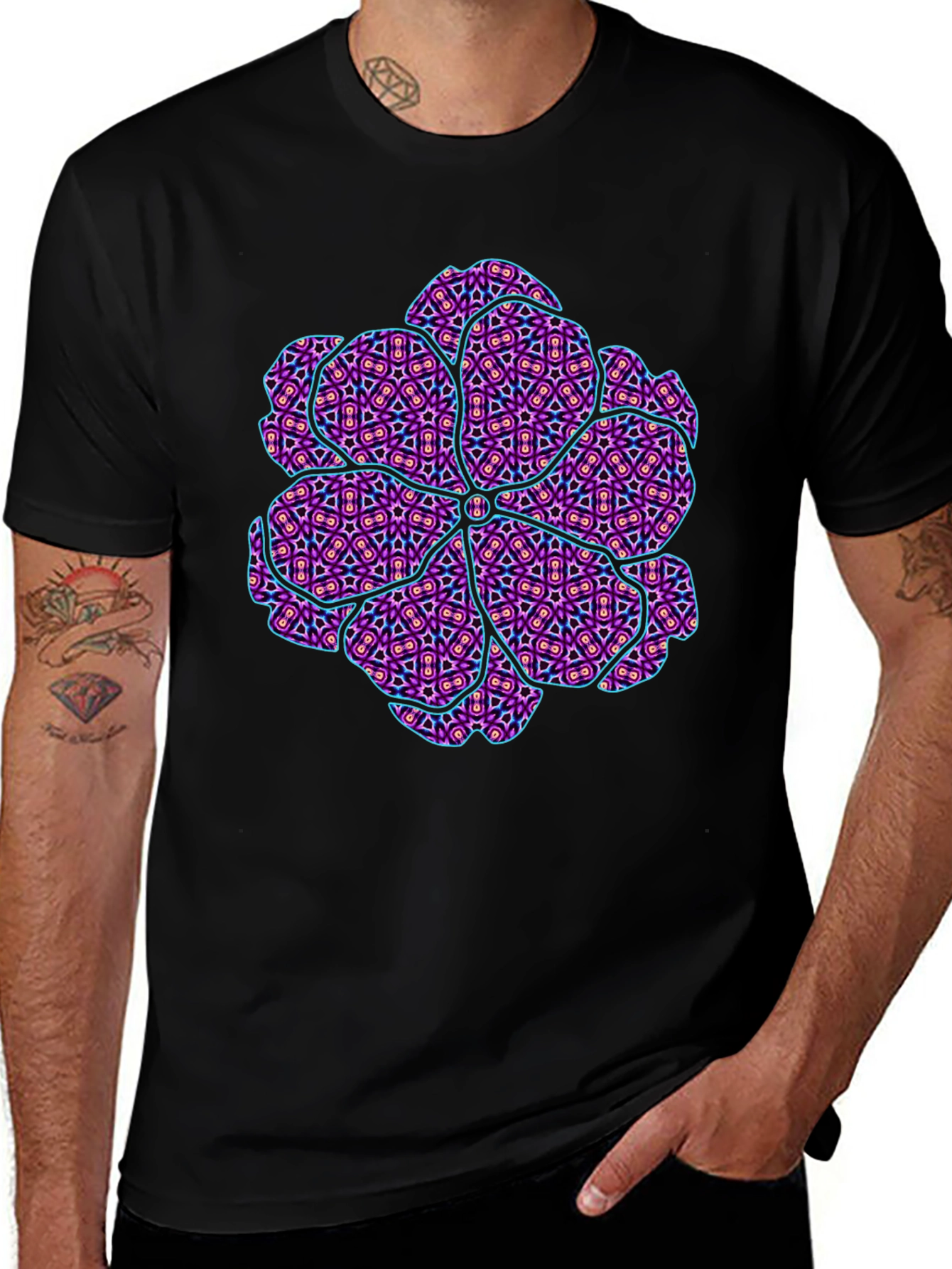 Abstract Geometric Floral Print Mens Black T-Shirt