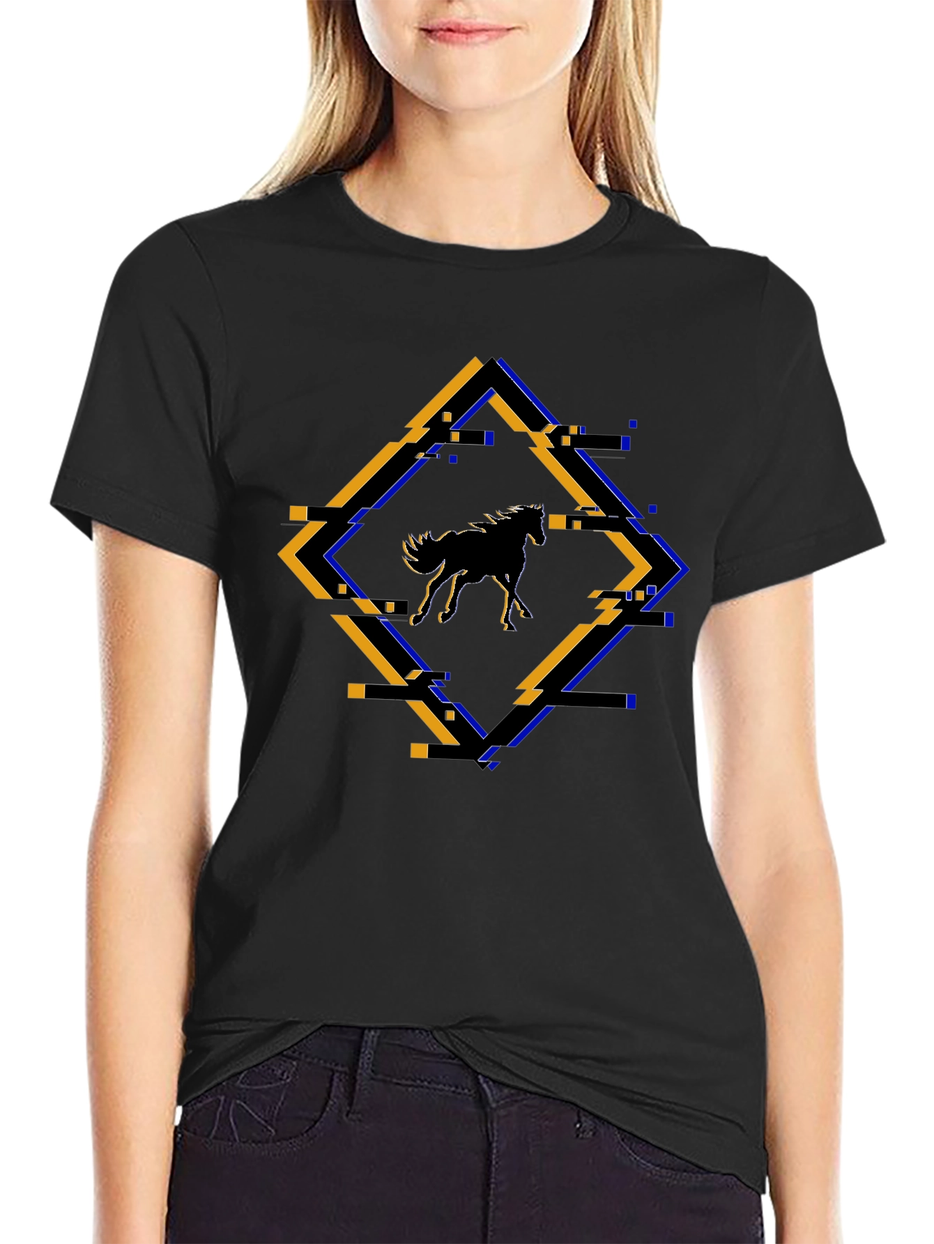 Abstract Horse Graphic Tee - Black Cotton Shirt