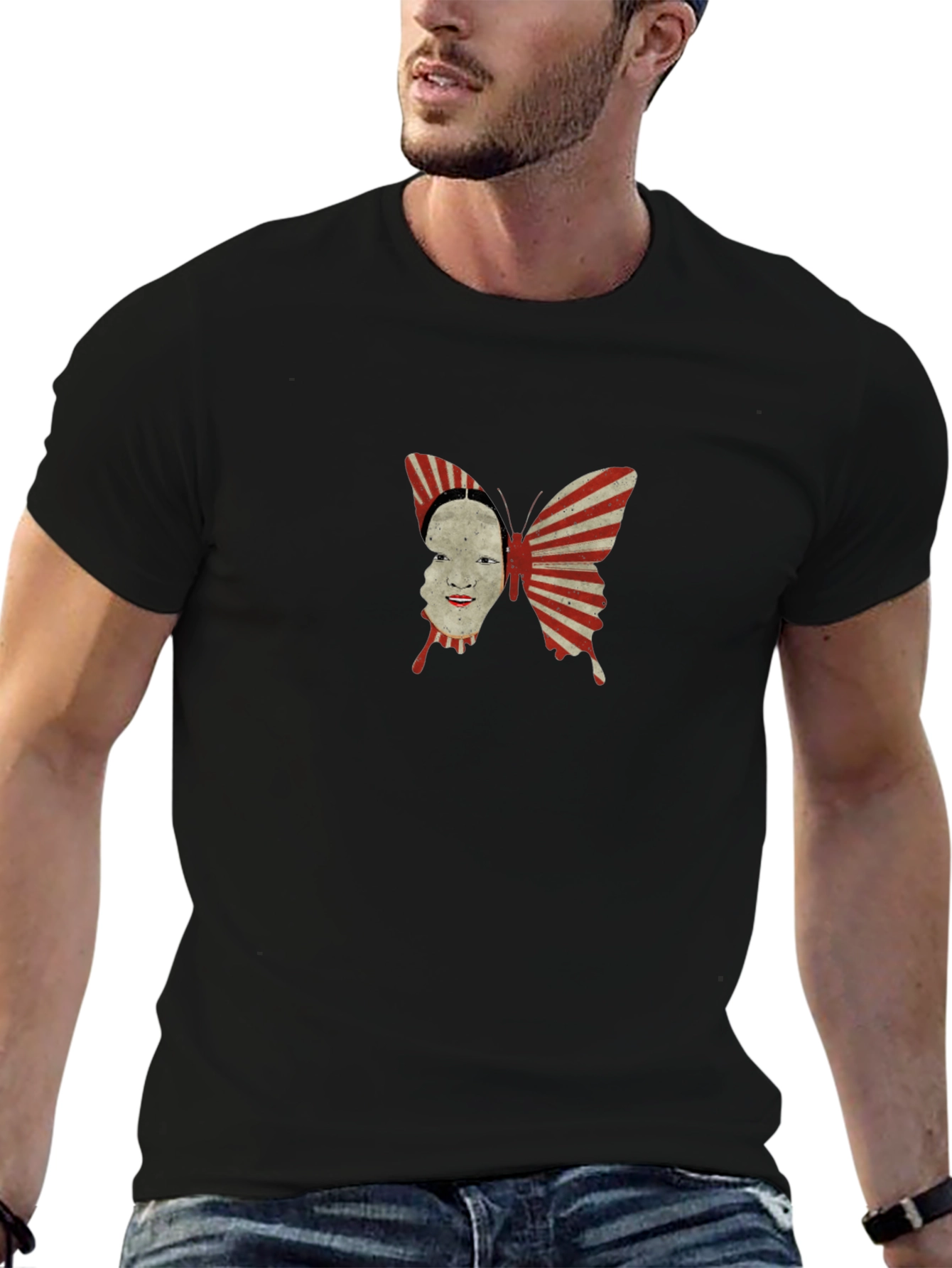 Abstract Butterfly Face Graphic Black T-Shirt