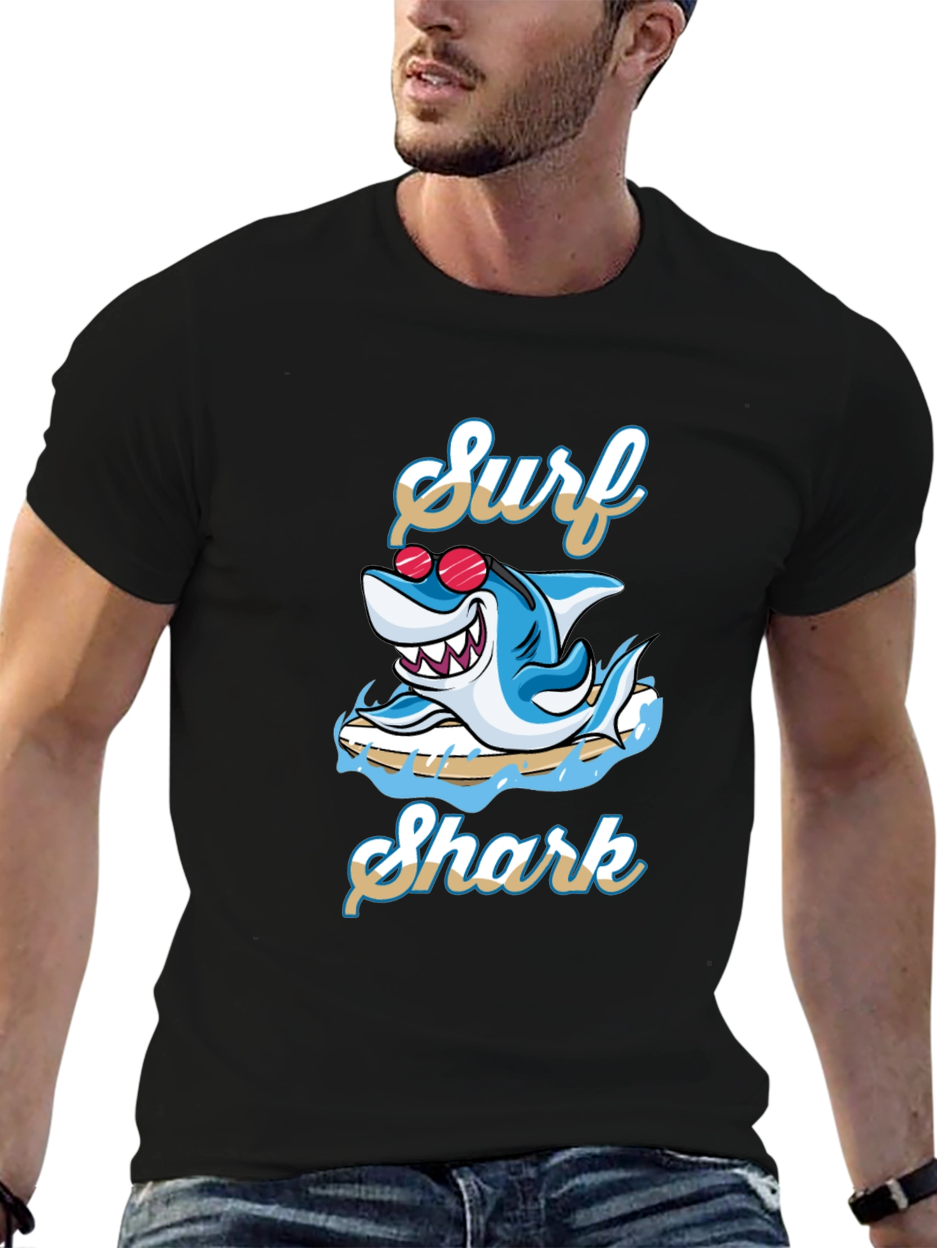 Surf Shark Graphic Tee - Black Cotton T-Shirt