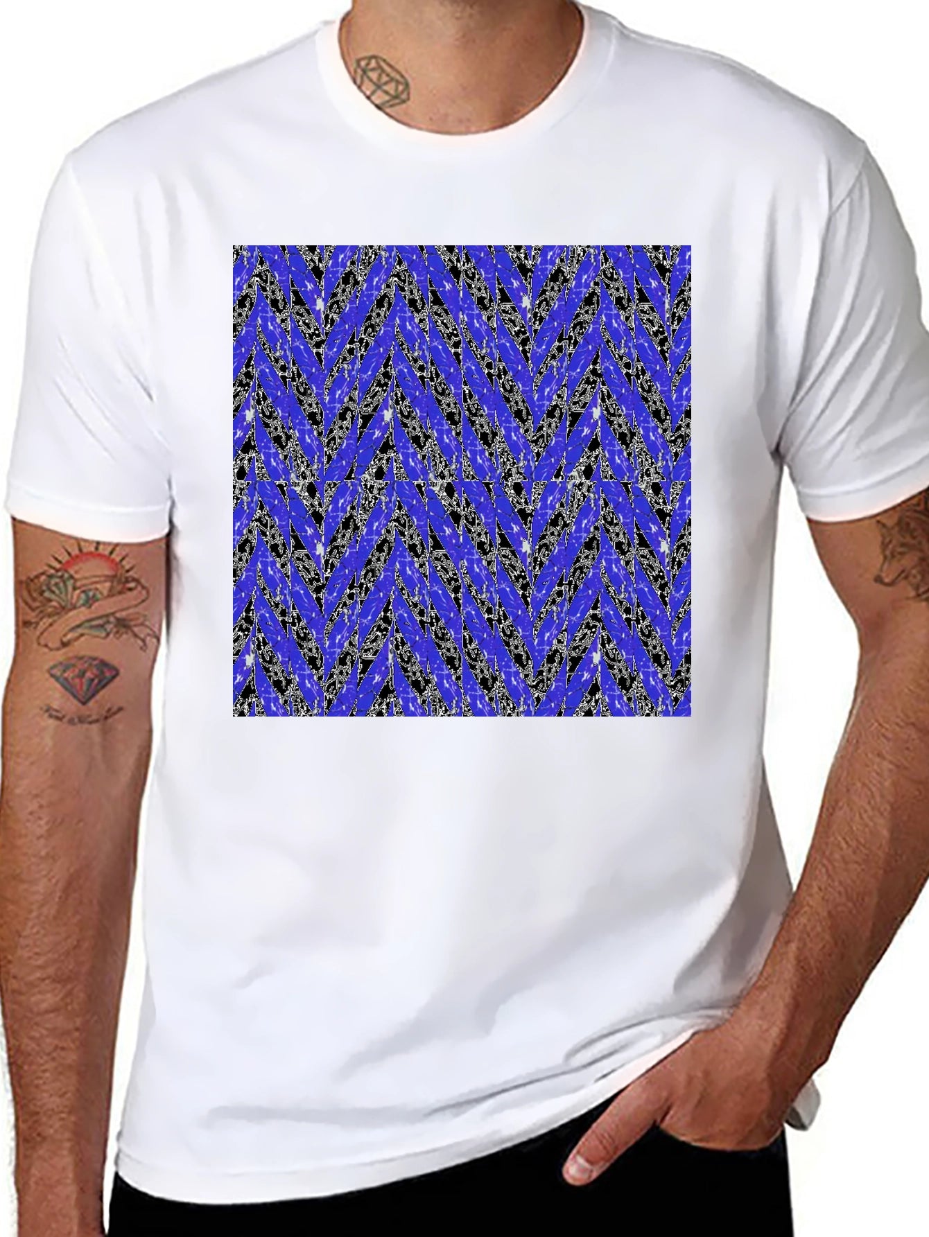 Abstract Blue Chevron Print Mens Black T-Shirt