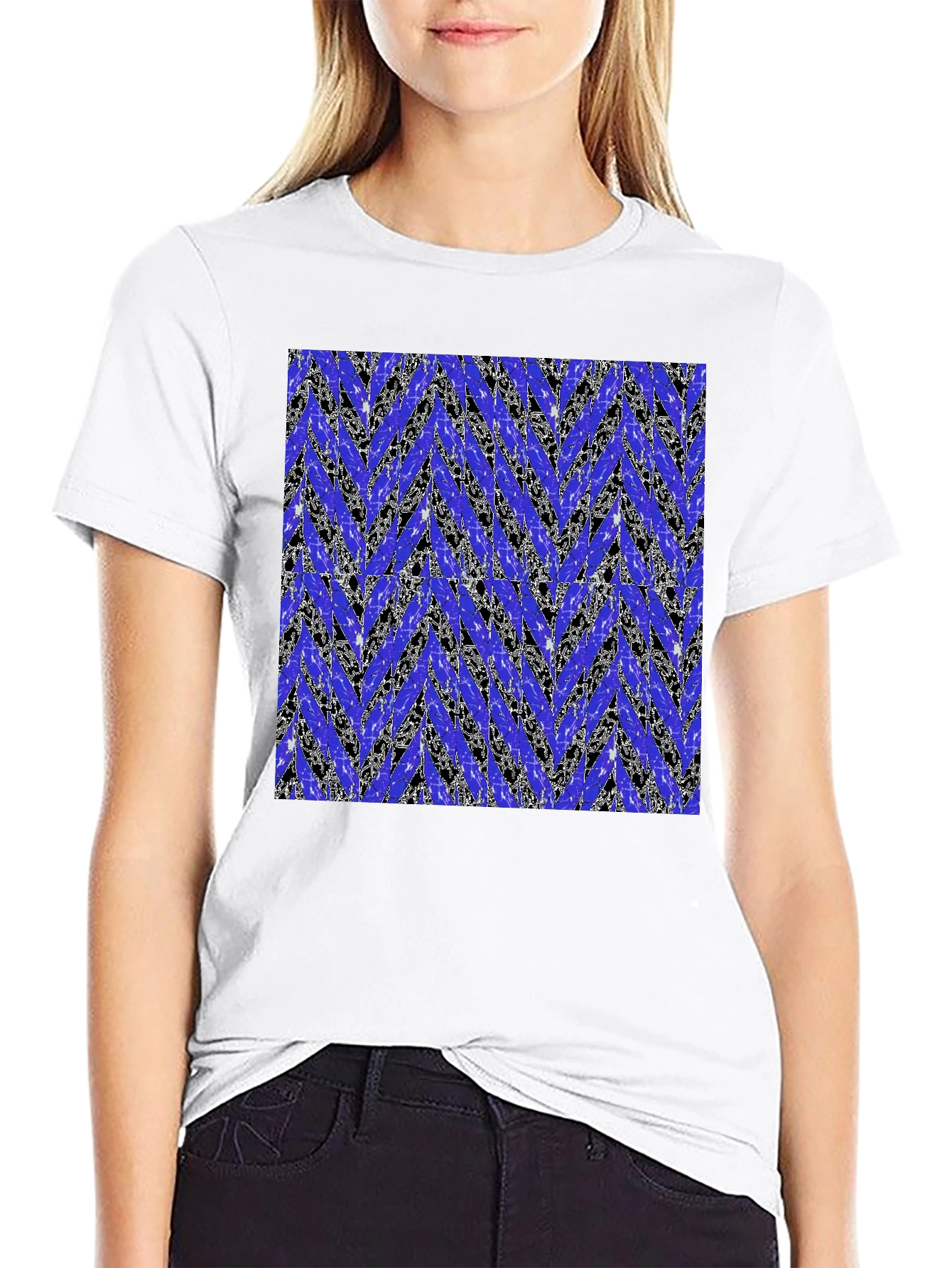 Abstract Blue Chevron Print Mens Black T-Shirt
