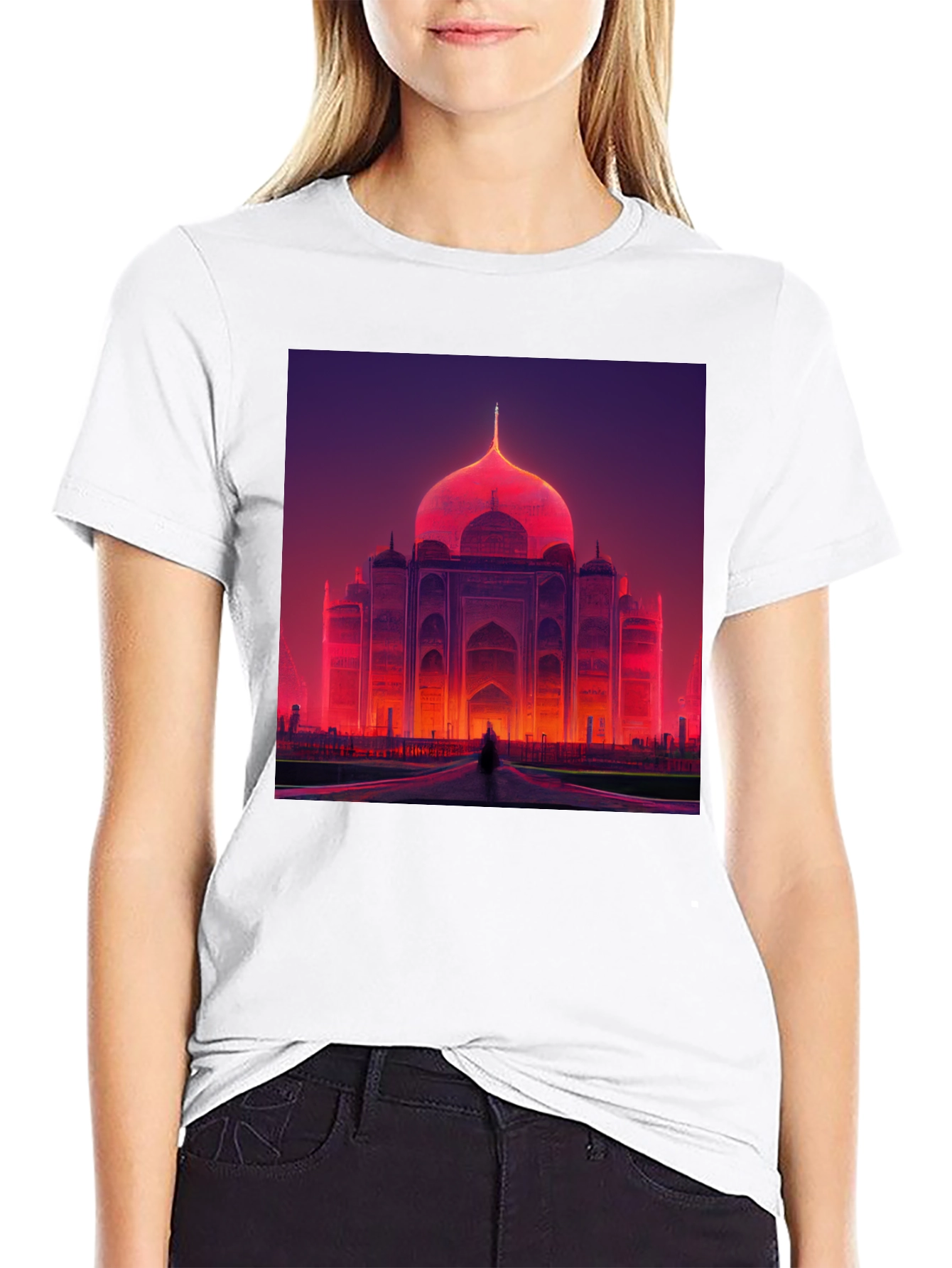 Taj Mahal Graphic Tee - Vibrant Neon Architecture Print