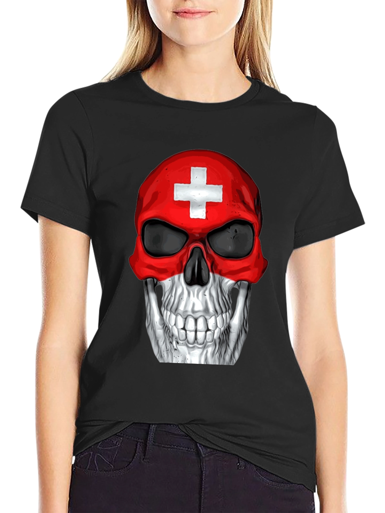 Swiss Flag Skull Graphic T-Shirt - Black