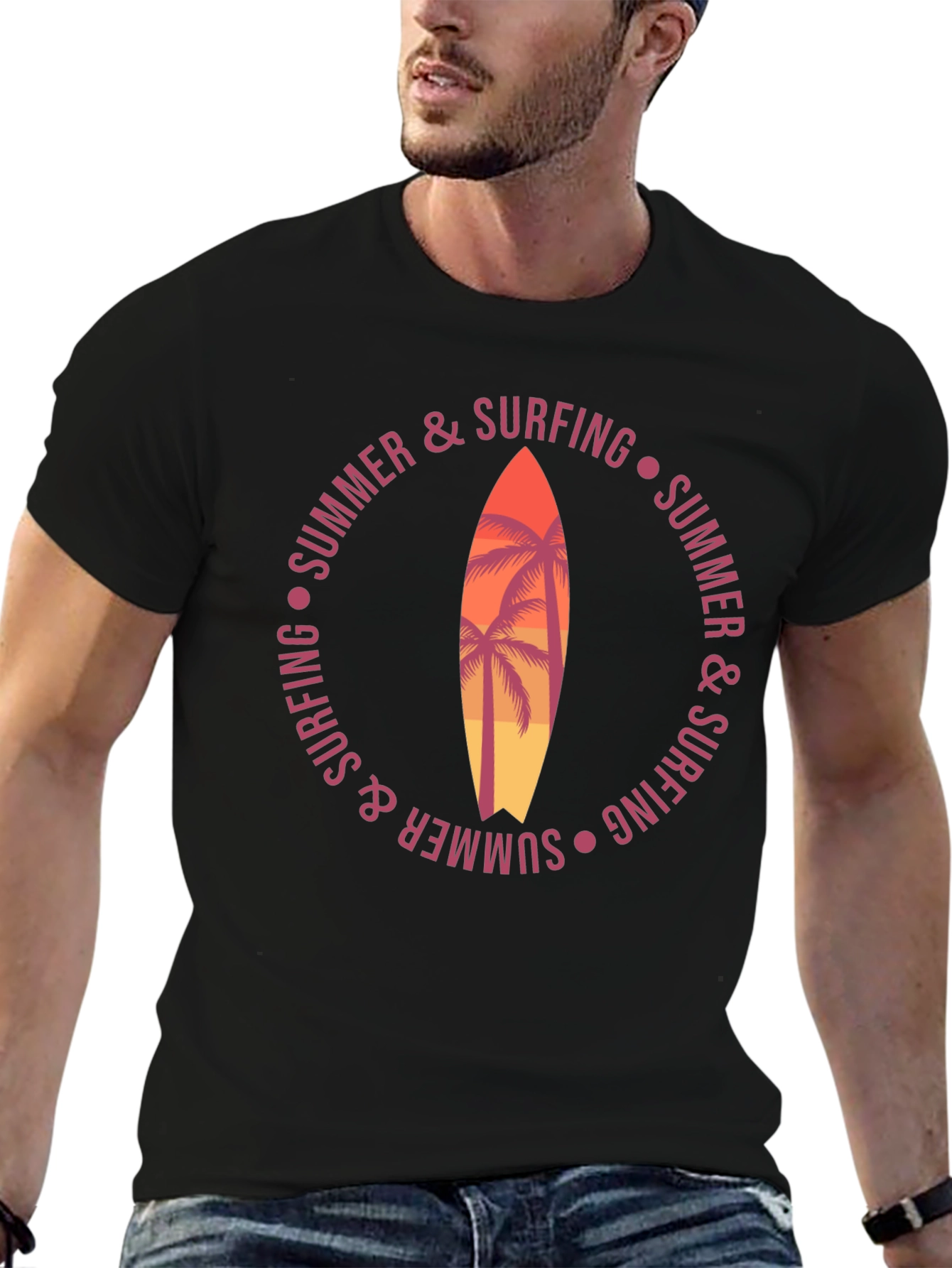 Summer Surfing Graphic T-Shirt Palm Tree Surfboard Tee