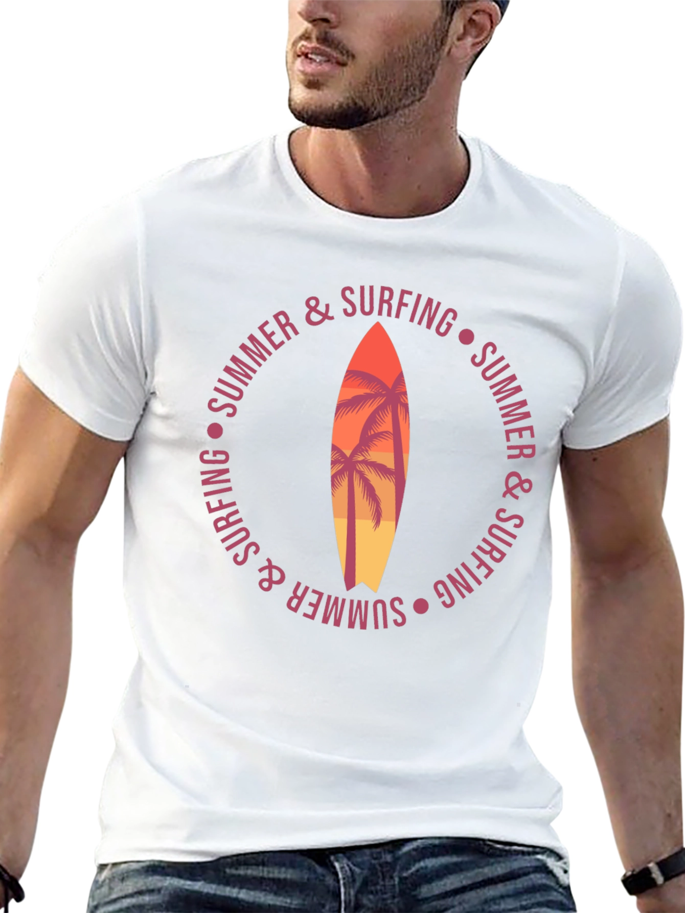 Summer Surfing Graphic T-Shirt Palm Tree Surfboard Tee