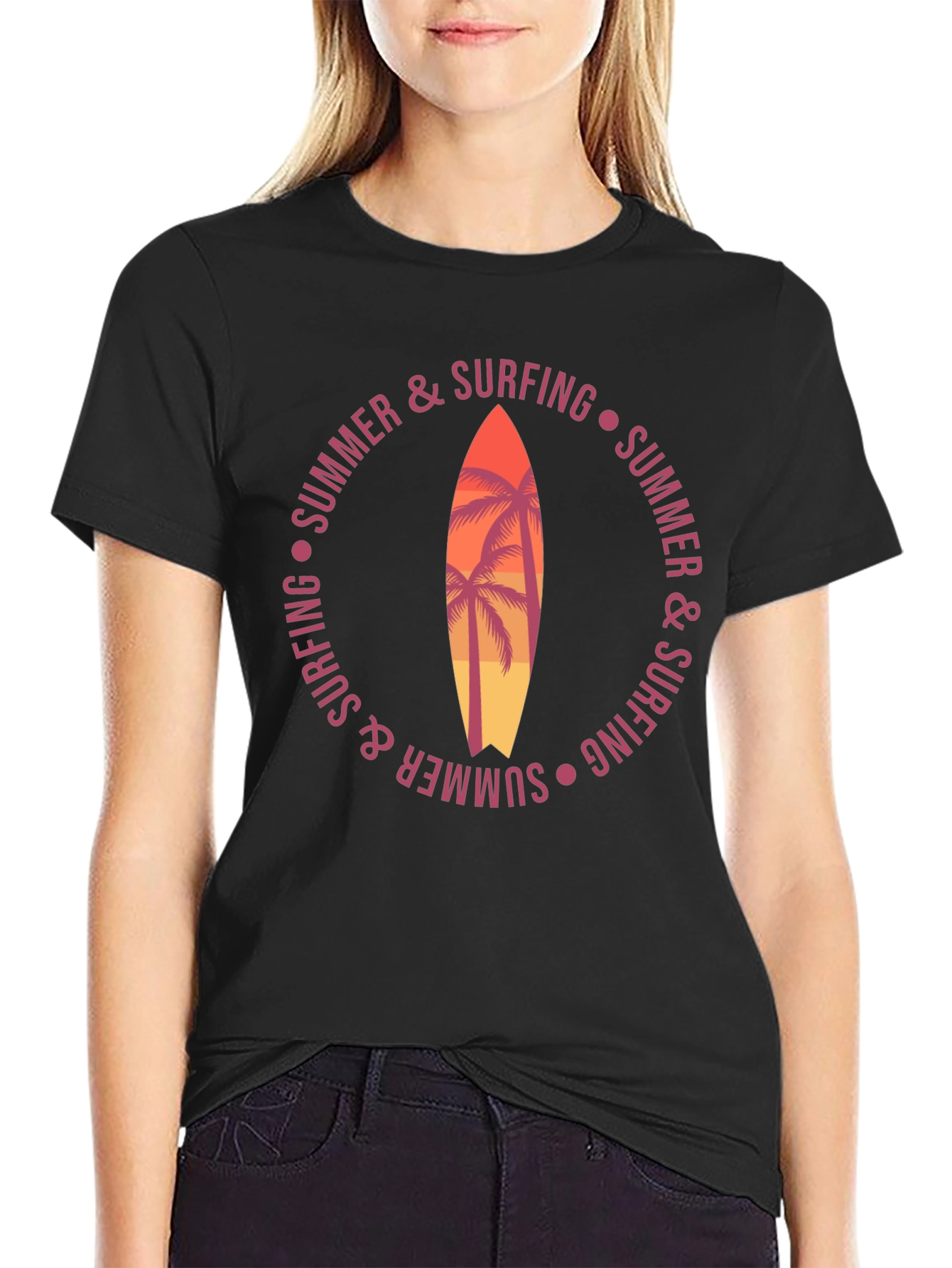 Summer Surfing Graphic T-Shirt Palm Tree Surfboard Tee