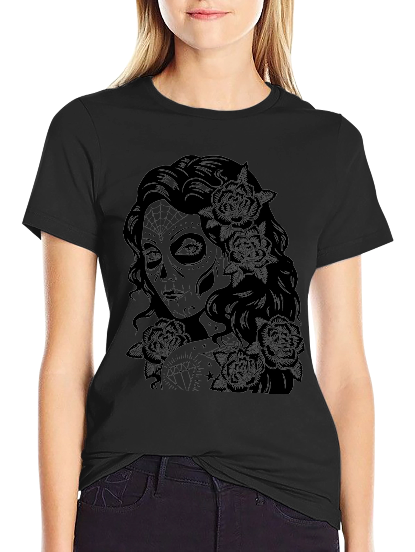 Sugar Skull Woman Graphic Tee - Black