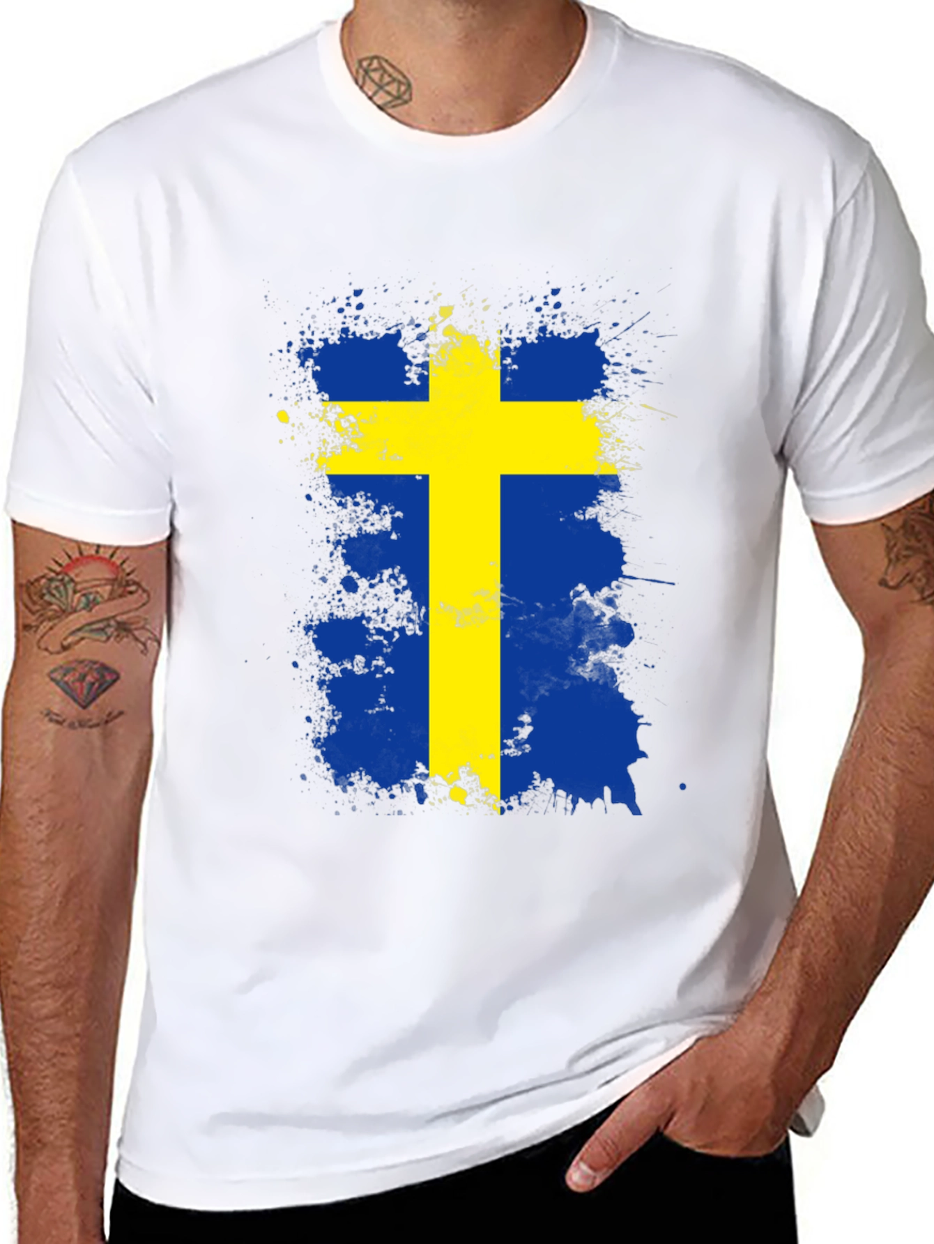 Sweden Flag Splatter Graphic Tee - Black