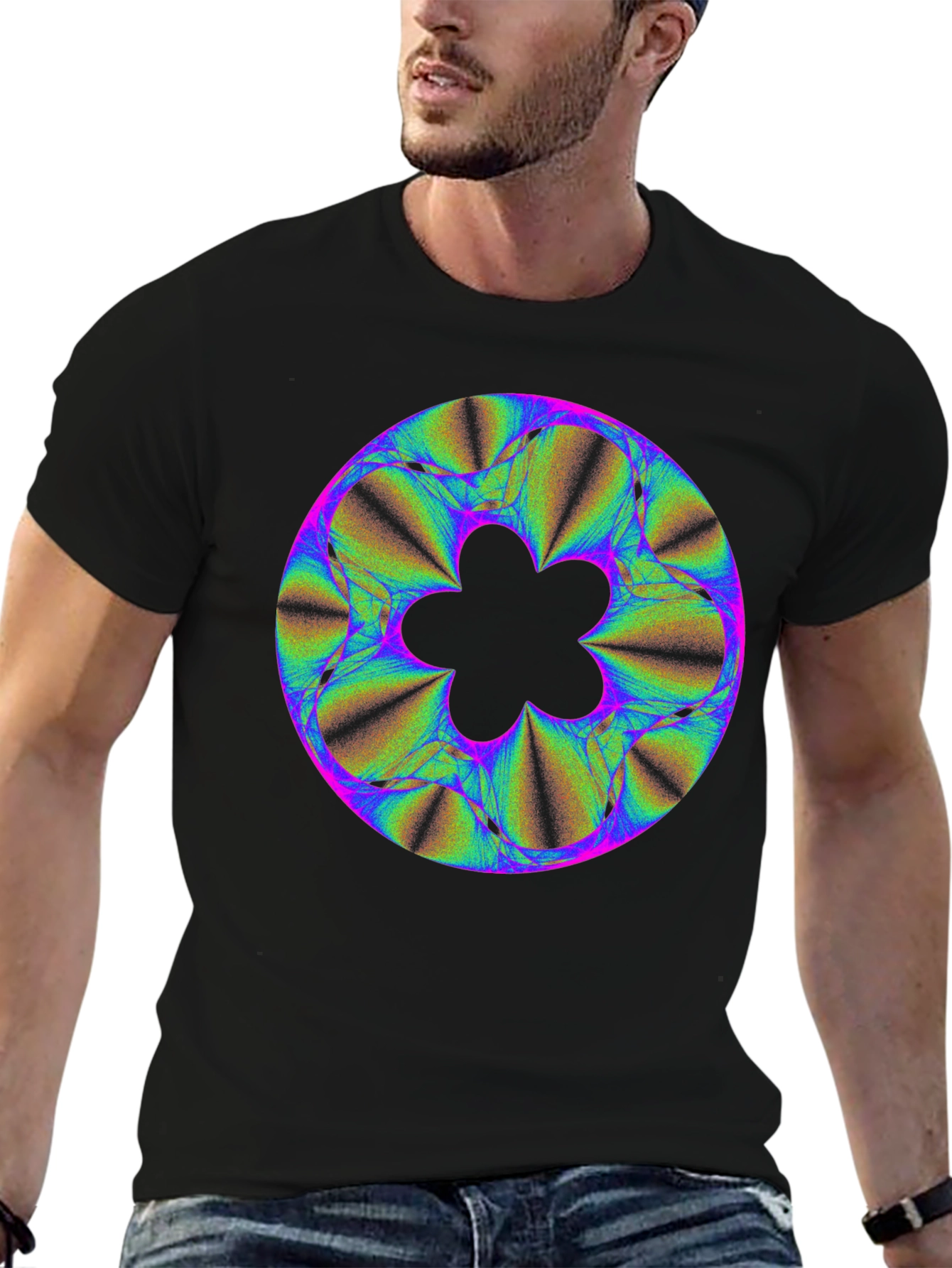 Abstract Fractal Flower Graphic Print Black T-Shirt