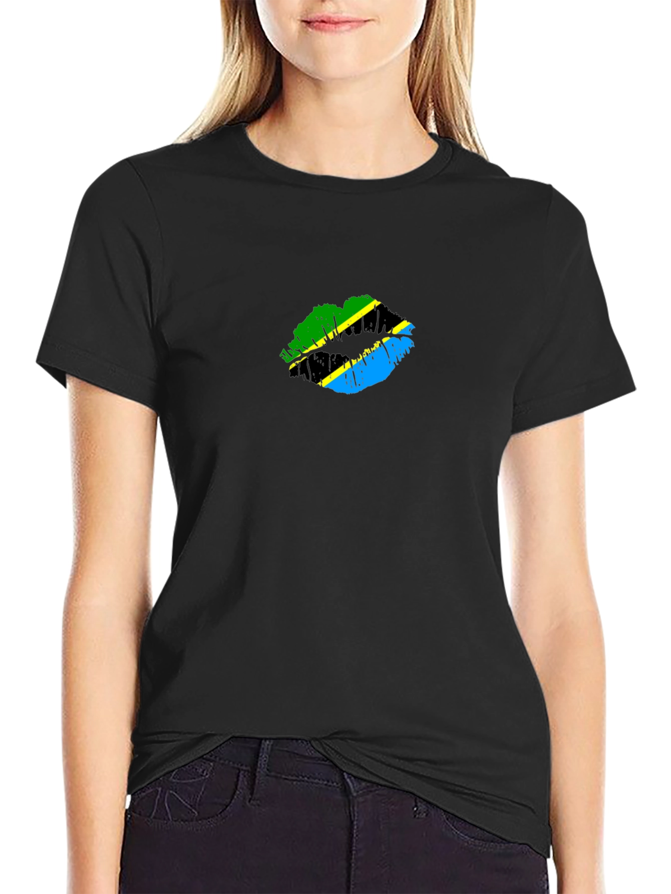 Tanzania Flag Lips Graphic Black T-Shirt