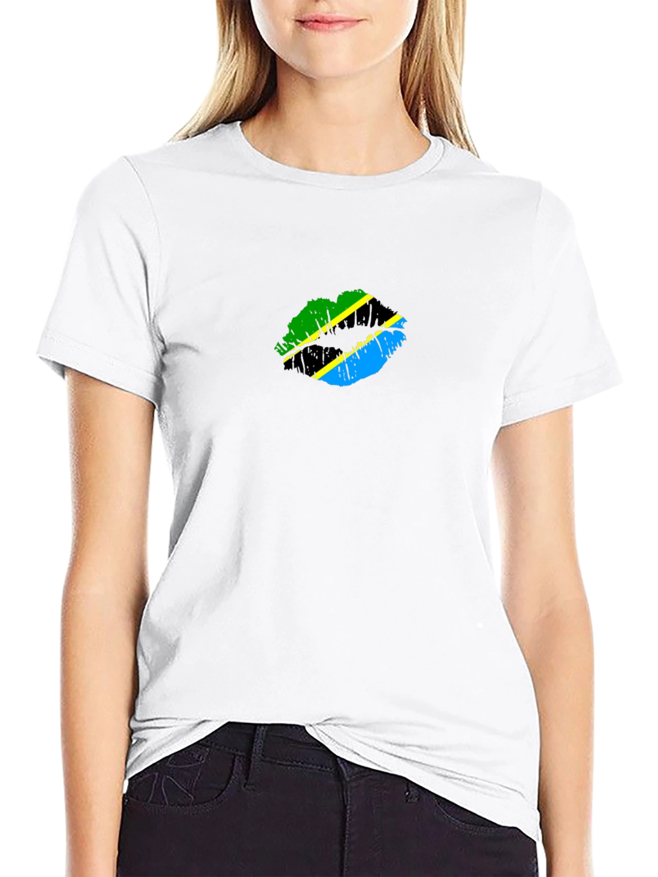 Tanzania Flag Lips Graphic Black T-Shirt