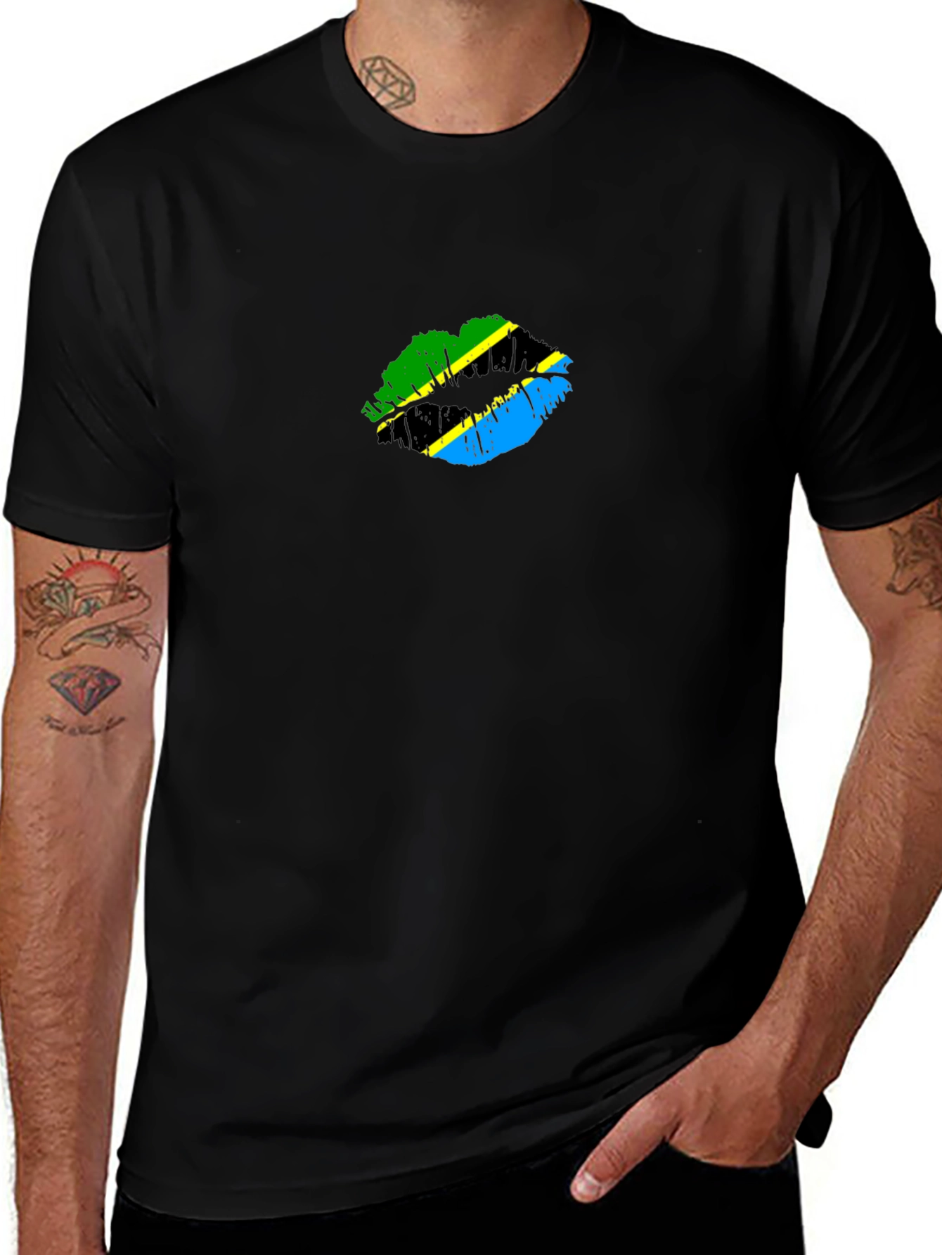 Tanzania Flag Lips Graphic Black T-Shirt