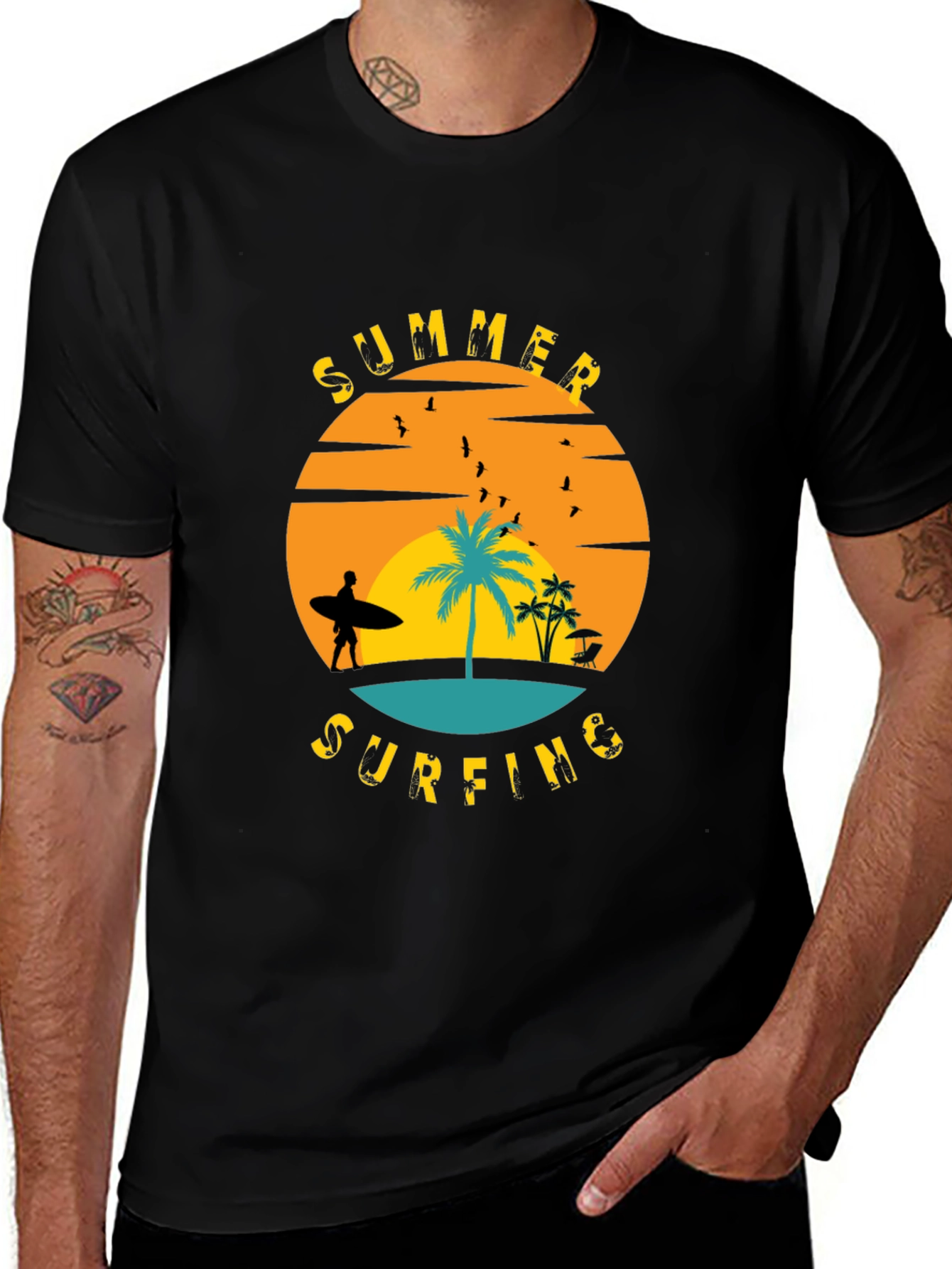 Summer Surfing Graphic T-Shirt - Black