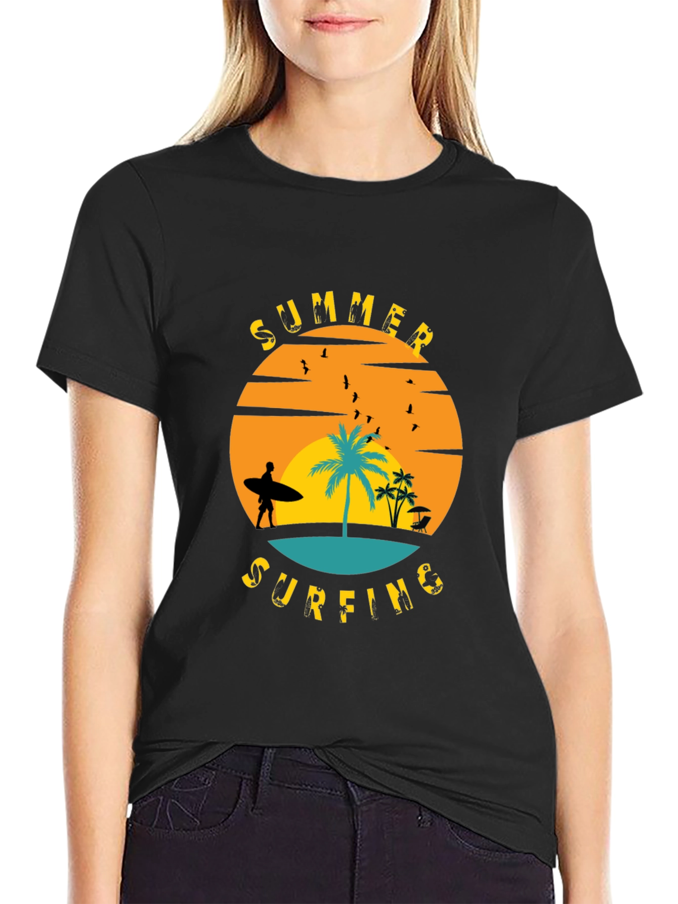 Summer Surfing Graphic T-Shirt - Black