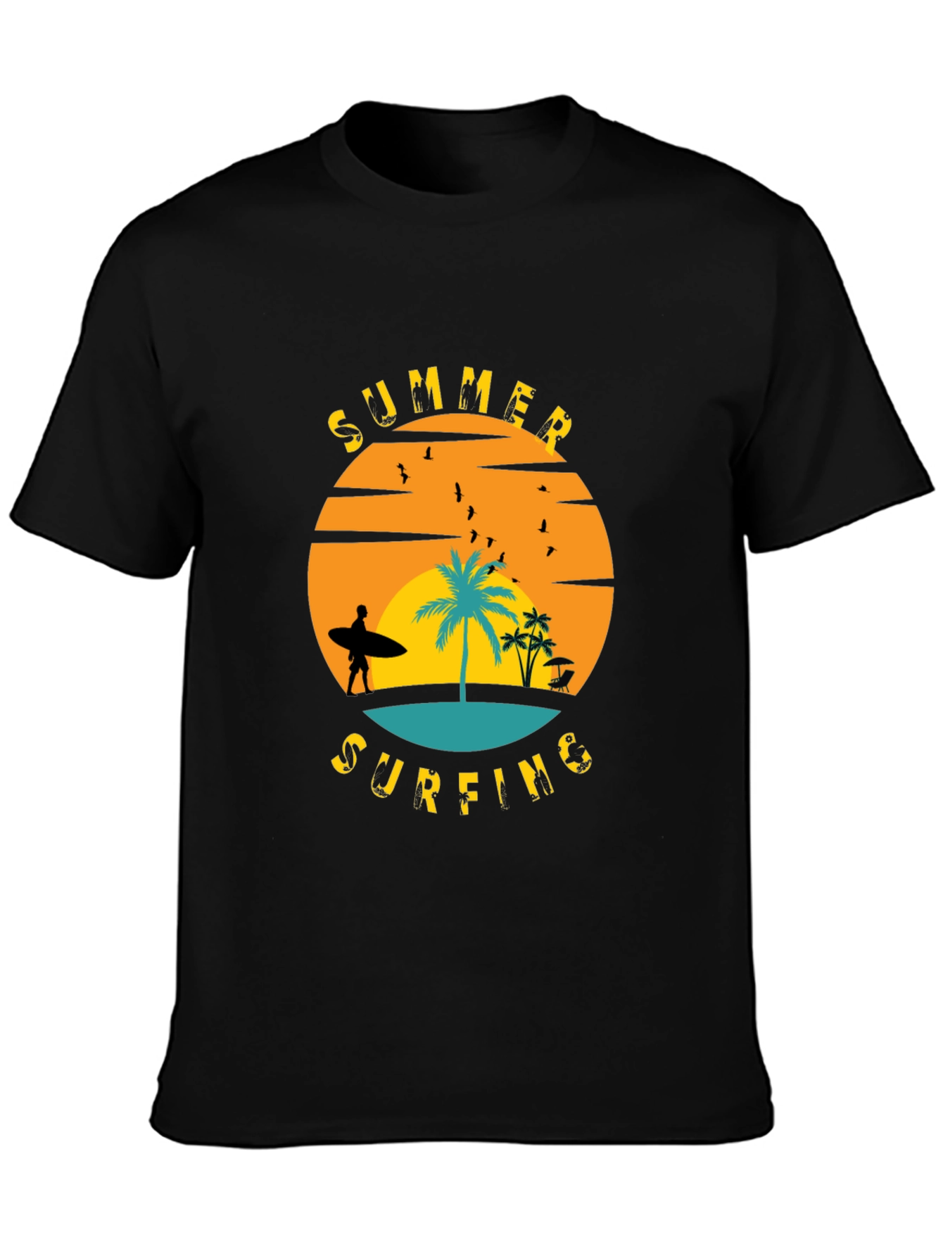 Summer Surfing Graphic T-Shirt - Black