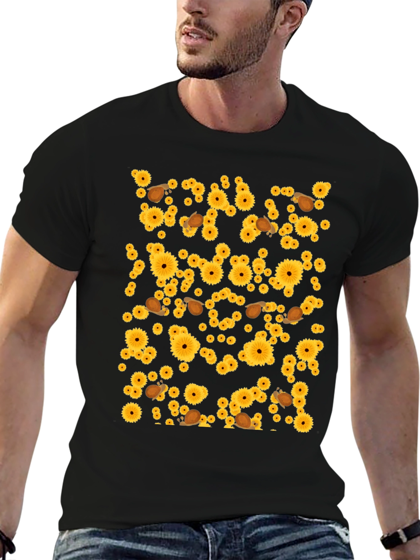 Sunflower & Snail Graphic Black T-Shirt