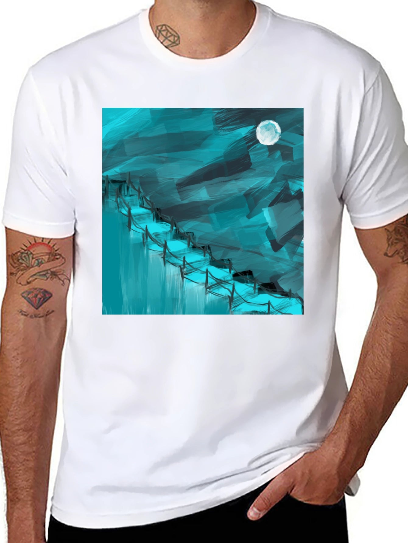Abstract Moonlit Waterfall Graphic Tee - Black Cotton Blend