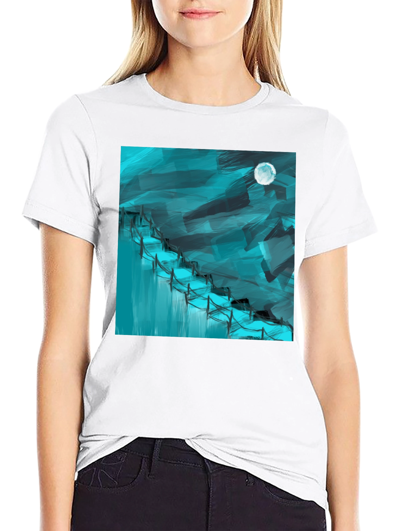 Abstract Moonlit Waterfall Graphic Tee - Black Cotton Blend