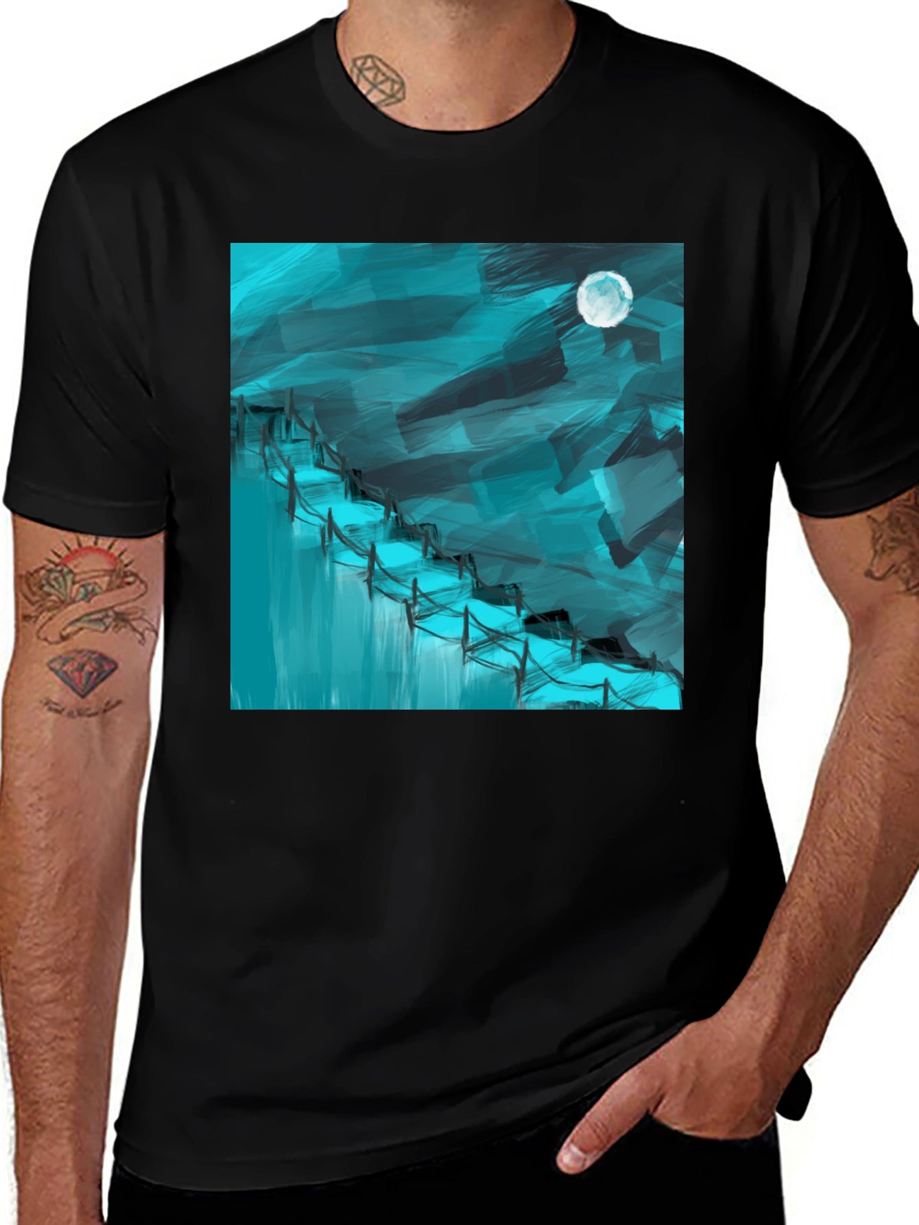 Abstract Moonlit Waterfall Graphic Tee - Black Cotton Blend