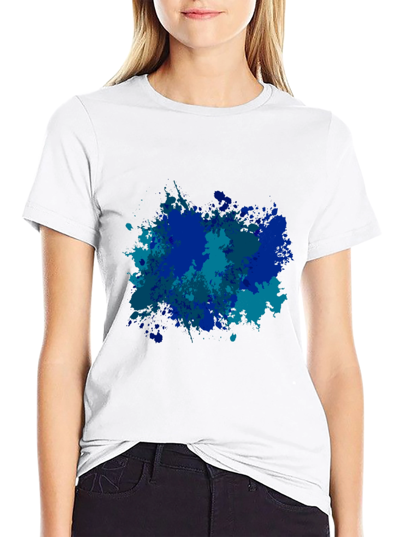 Abstract Blue Splatter Print Black T-Shirt