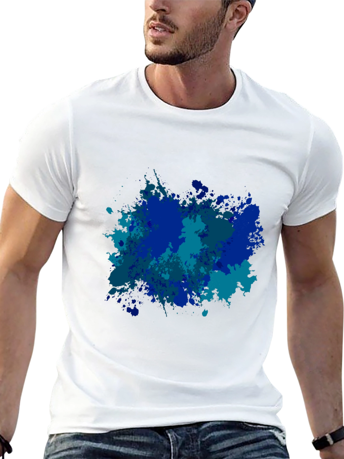 Abstract Blue Splatter Print Black T-Shirt