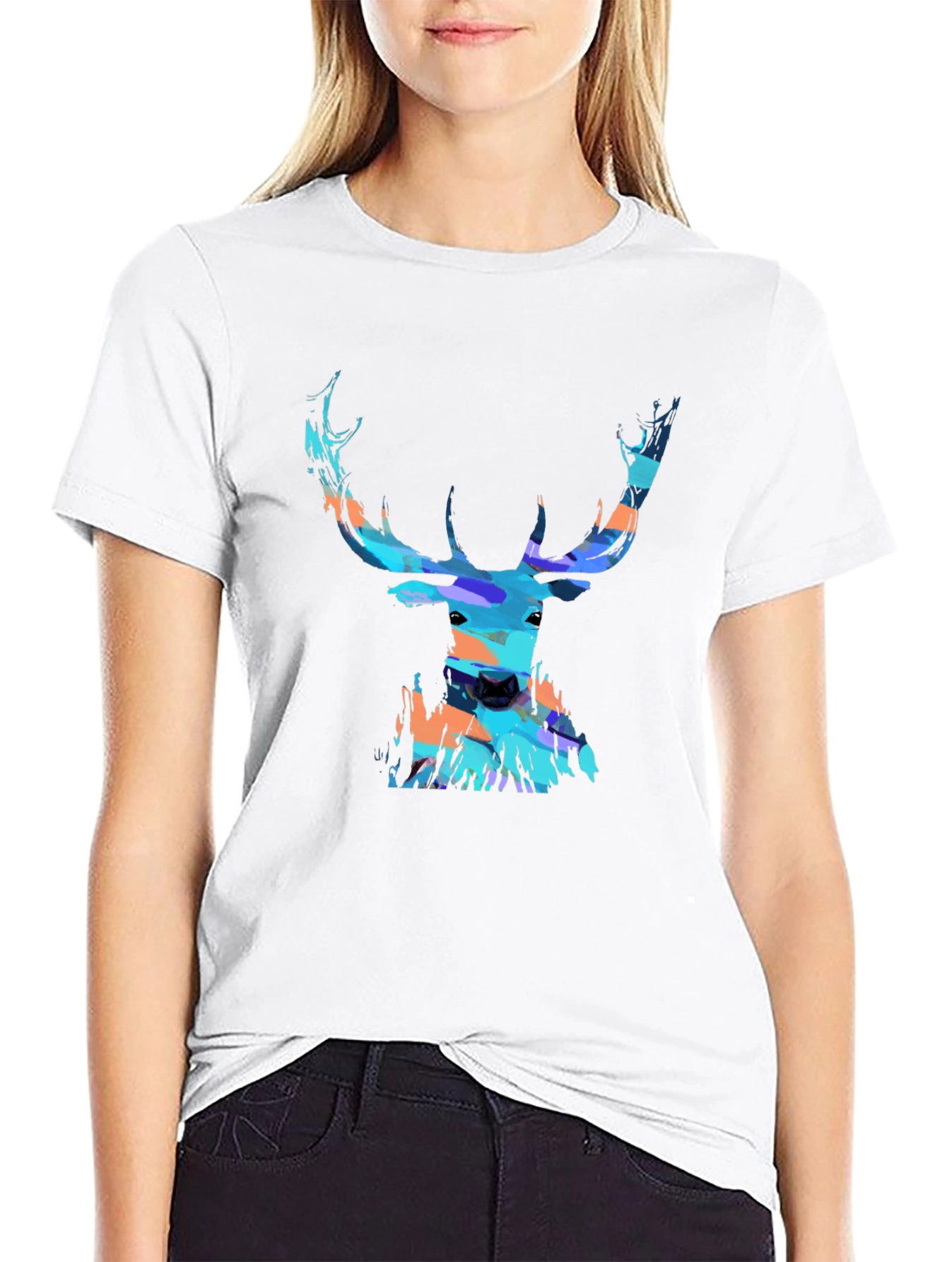 Abstract Deer Head Graphic Print Black T-Shirt