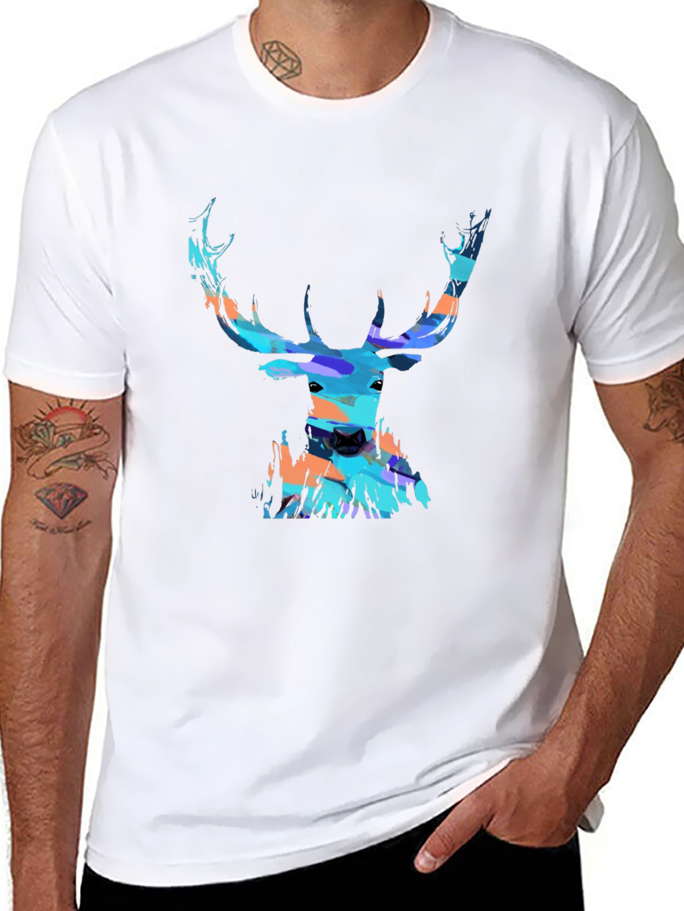 Abstract Deer Head Graphic Print Black T-Shirt
