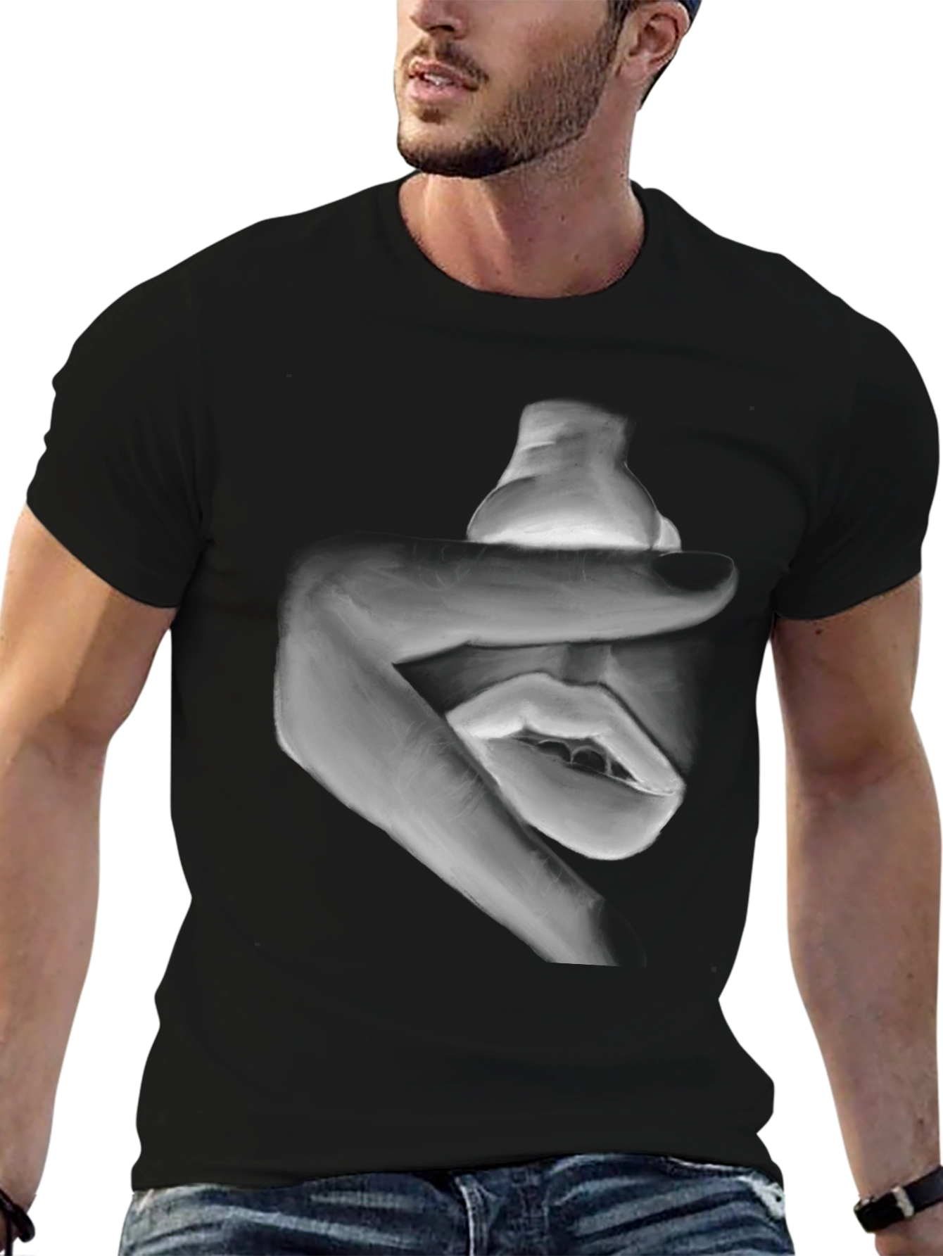Abstract Hand and Mouth Graphic Print Black T-Shirt