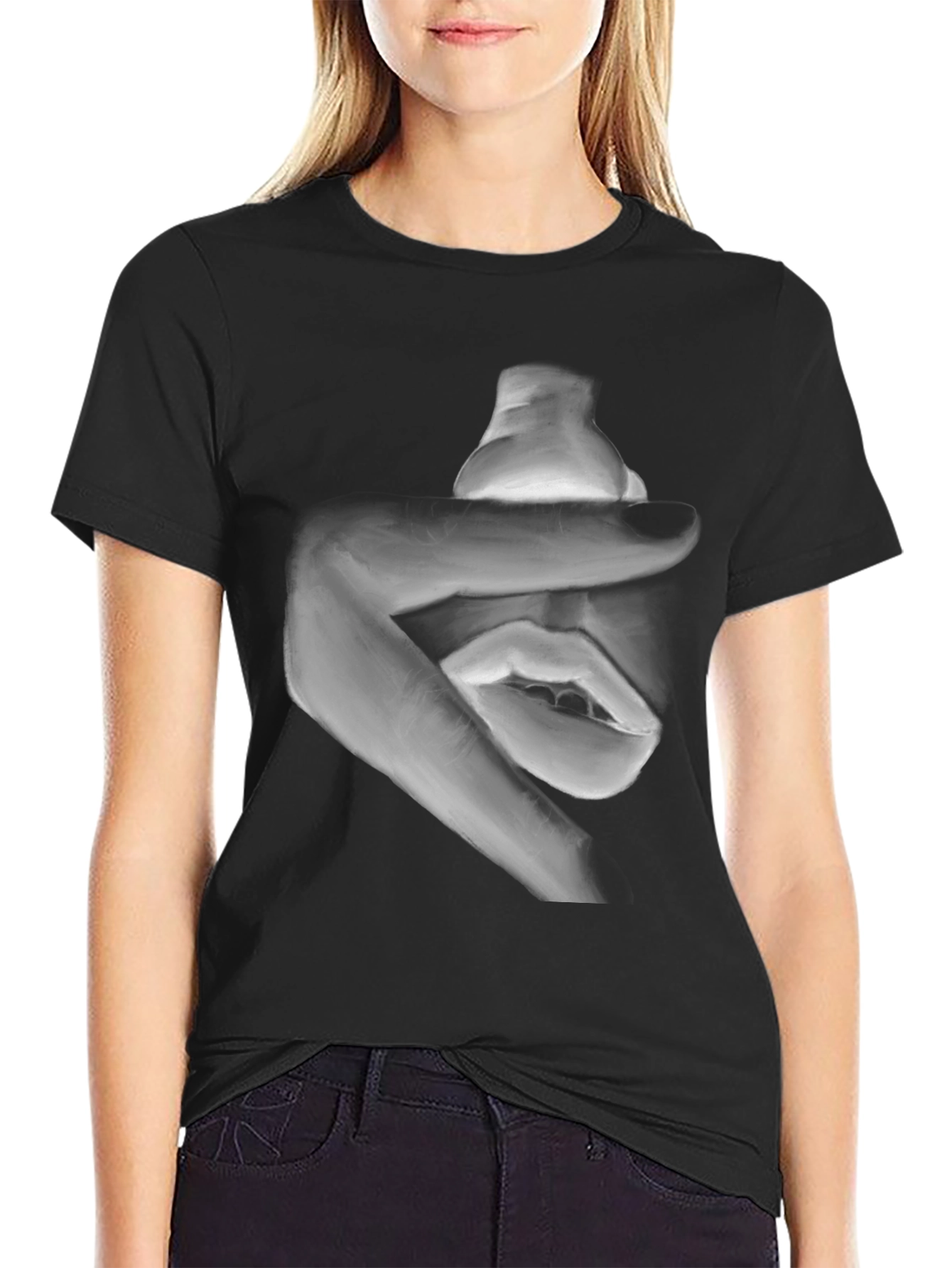 Abstract Hand and Mouth Graphic Print Black T-Shirt