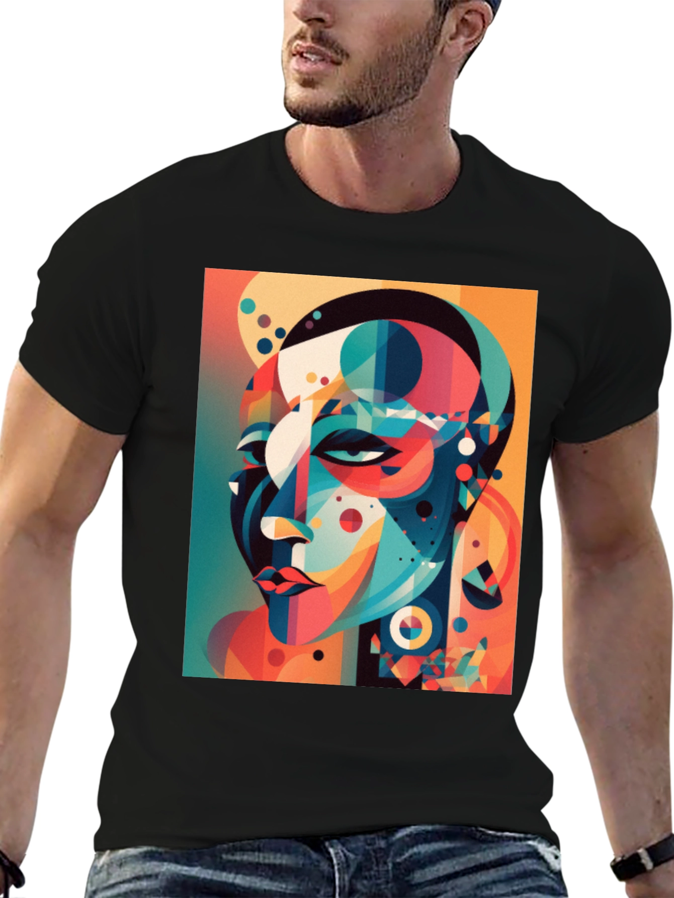 Abstract Geometric Face Graphic Tee - Black