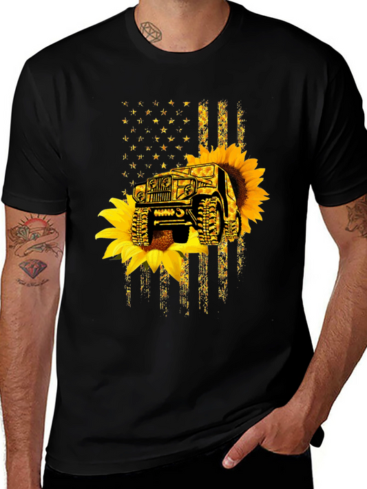 Sunflower Jeep American Flag Black T-Shirt