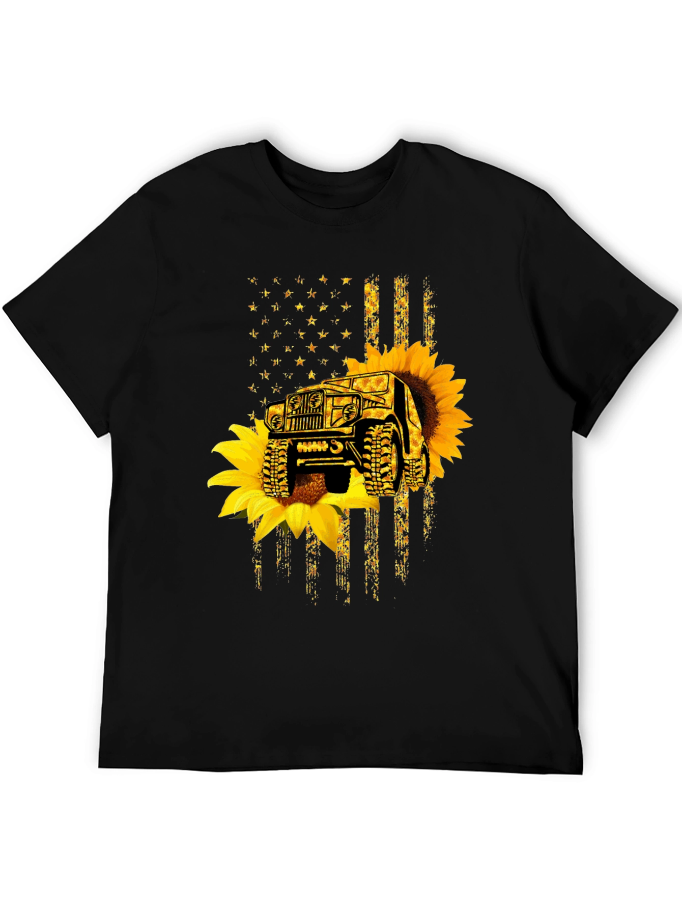 Sunflower Jeep American Flag Black T-Shirt